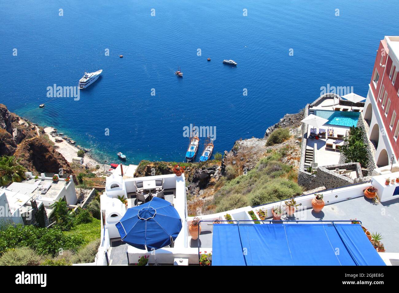 Fira on the island of Santorini in the Greek Islands, Greece. Stock Photo