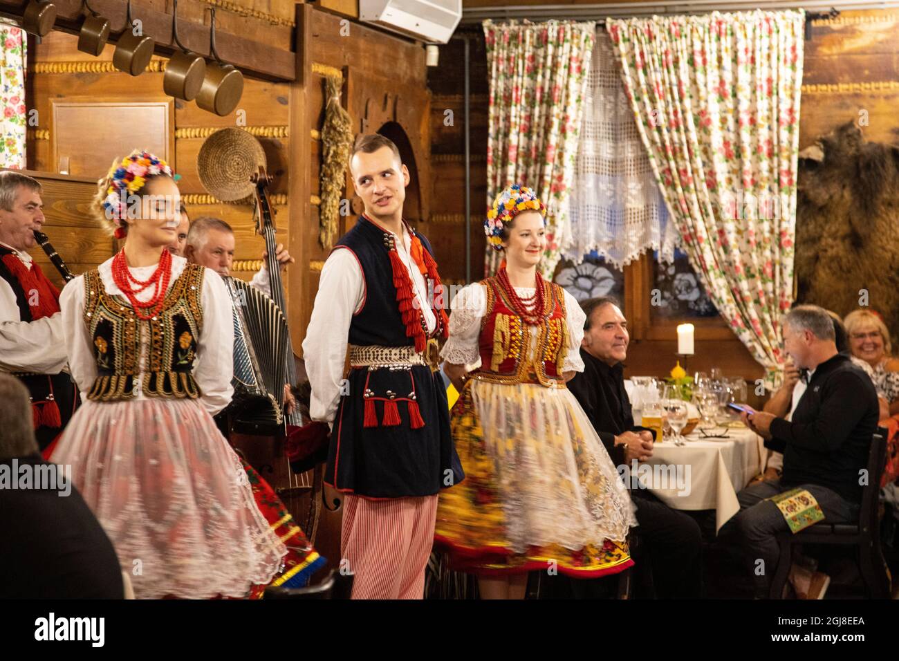Traditional Polish restaurant located on the outskirts of Krakow featuring traditional Polish cuisine and polka dancing. Stock Photo