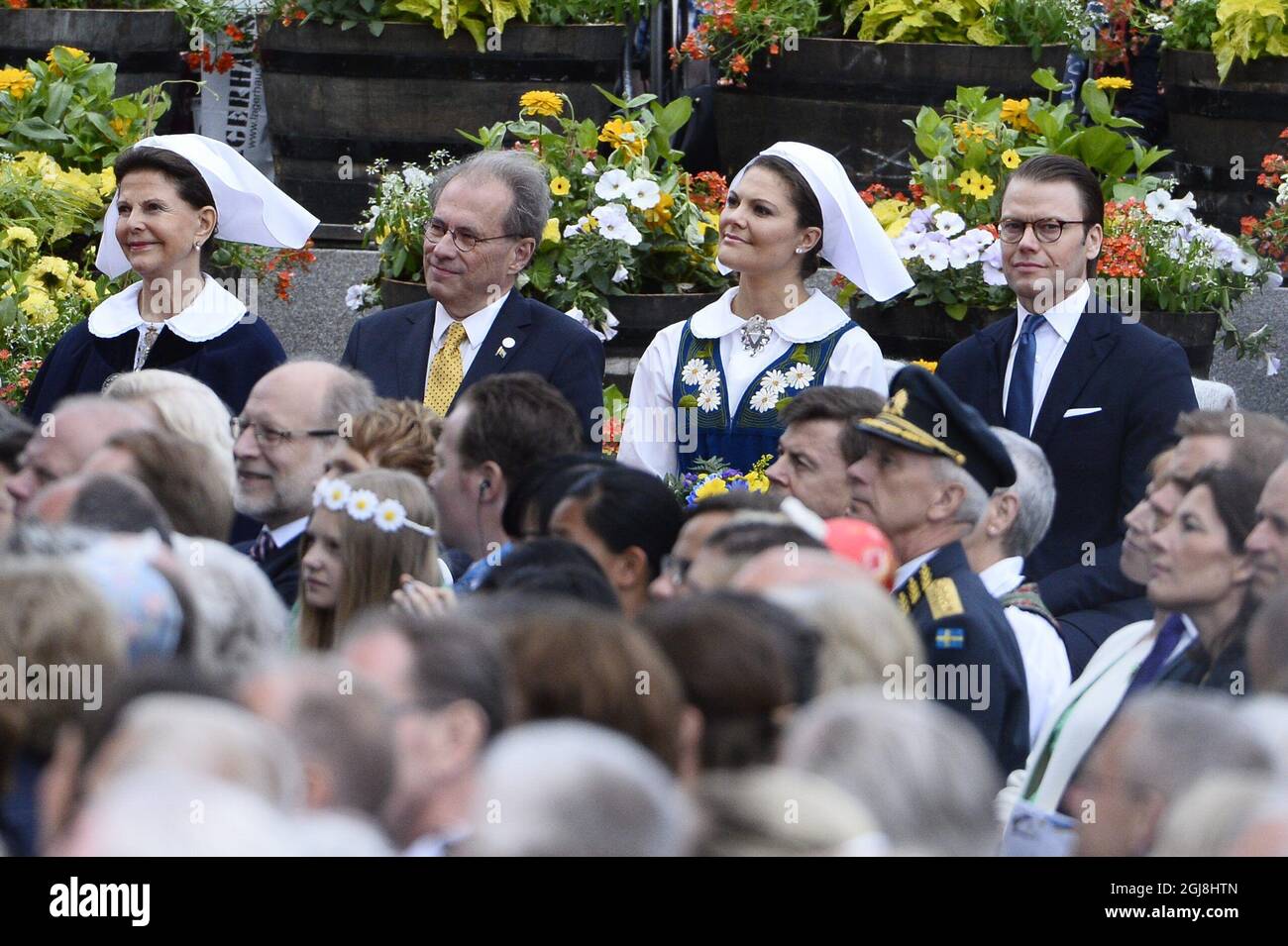 STOCKHOLM 2014-06-06 Queen Silvia, speaker of the parliament Per Westerberg, Crown Princess Victoria and Prince Daniel during the Swedish National Day celebrations at the Skansen open-air museum in Stockholm, Sweden, June 6, 2014. Photo: Claudio Bresciani / TT / Code 10090 Stock Photo