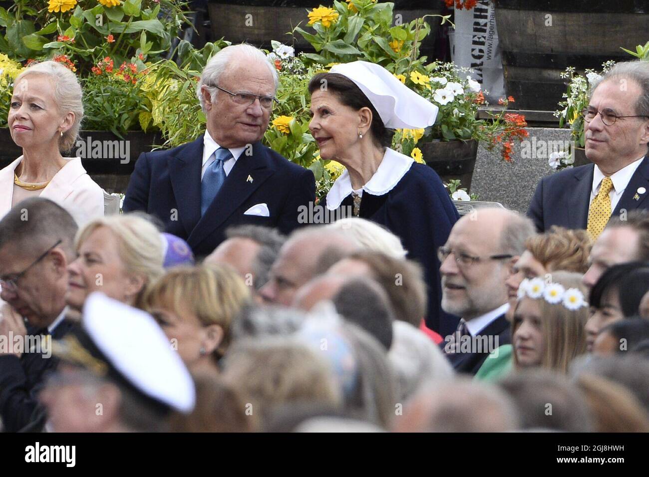 STOCKHOLM 2014-06-06 Wife of the speaker of the parliament Ylwa Westerberg, King Carl XVI Gustaf, Queen Silvia and speaker of the parliament Per Westerberg during the Swedish National Day celebrations at the Skansen open-air museum in Stockholm, Sweden, June 6, 2014. Photo: Claudio Bresciani / TT / Code 10090 Stock Photo