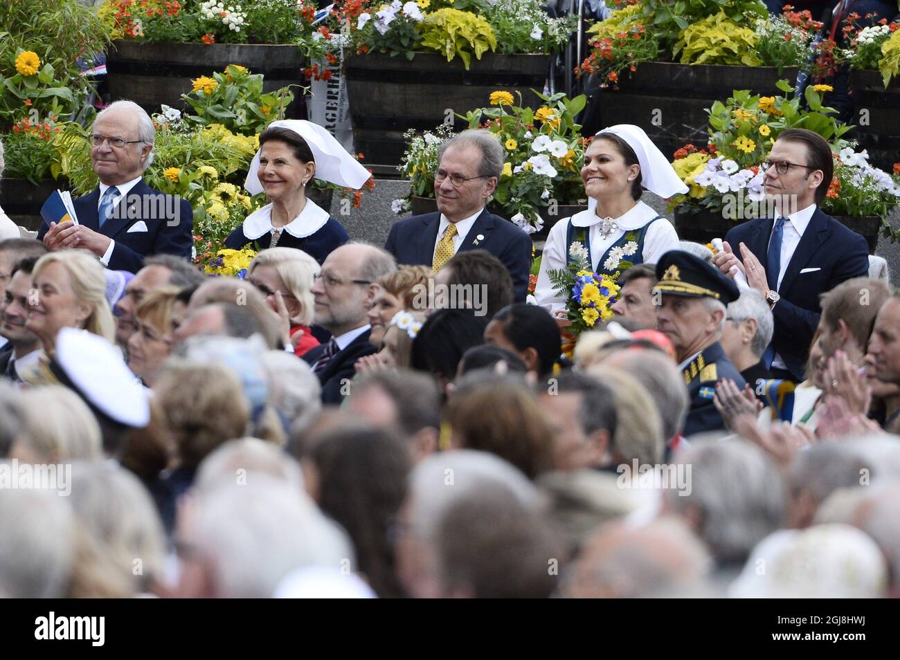 STOCKHOLM 2014-06-06 King Carl XVI Gustaf, Queen Silvia, speaker of the parliament Per Westerberg, Crown Princess Victoria and Prince Daniel during the Swedish National Day celebrations at the Skansen open-air museum in Stockholm, Sweden, June 6, 2014. Photo: Claudio Bresciani / TT / Code 10090 Stock Photo
