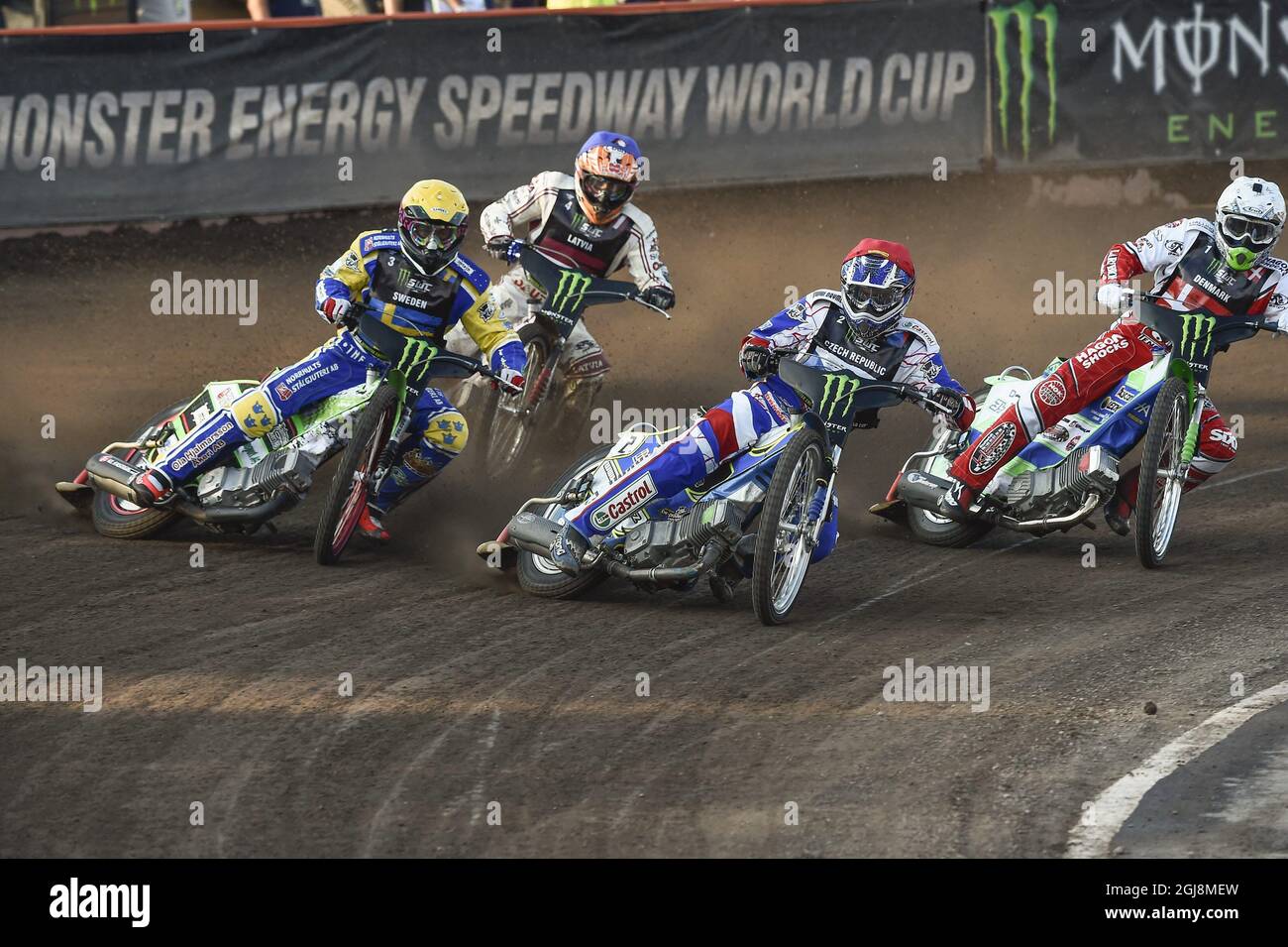 From L-R Peter Ljung of Sweden, Jevgenijs Kostigovs of Latvia, Ales Dryml of Czech Republic and Hans Andersen of Danmark in action during heat three of the FIM Speedway World Cup second semifinal at Stena Arena in Vastervik, Sweden, on July 29, 2014 Photo: Mikael Fritzon / TT / code 62360  Stock Photo