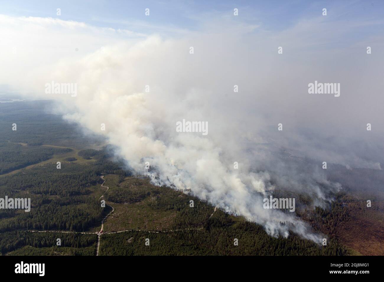 RÃƒÂ–RBO 20140803 FILE - Smoke billow as the wildfire front nears the village of Rorbo near Sala, Central Sweden, on this August 3, 2014 file photo. The fire, covering thousands of hectares, is in its sixth day and firefighters believe it will burn for weeks or even months. It is classified as the worst forest fire in Sweden's modern history. Foto: Jocke Berglund / TT kod:200  Stock Photo