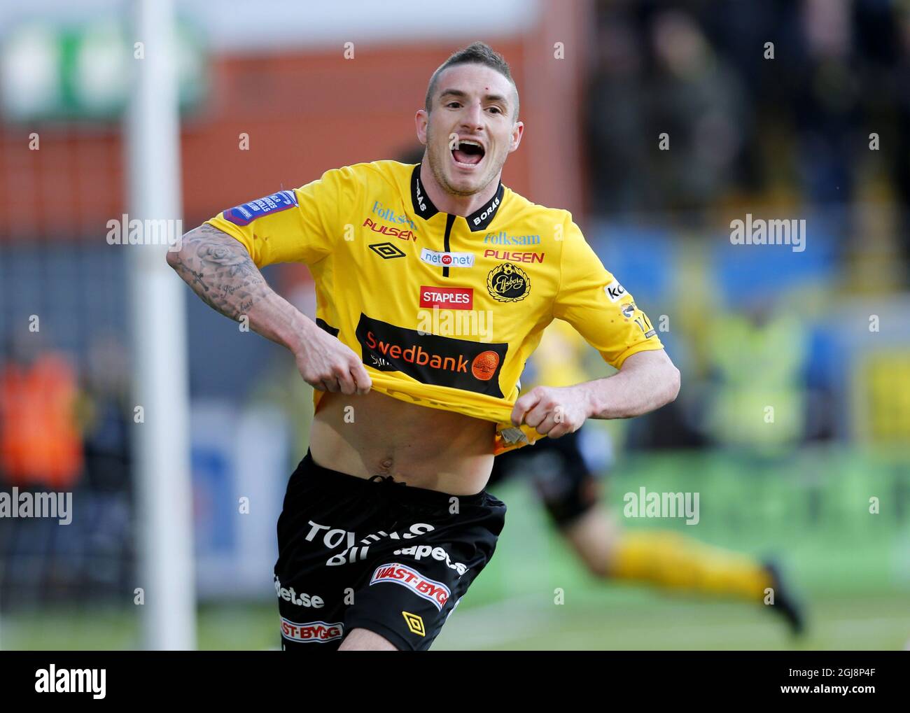 Elfsborg James Keene rejoices after the 2-2 equalizer in the national championship football game between IF Elfsborg and AIK at Borås arena. Stock Photo