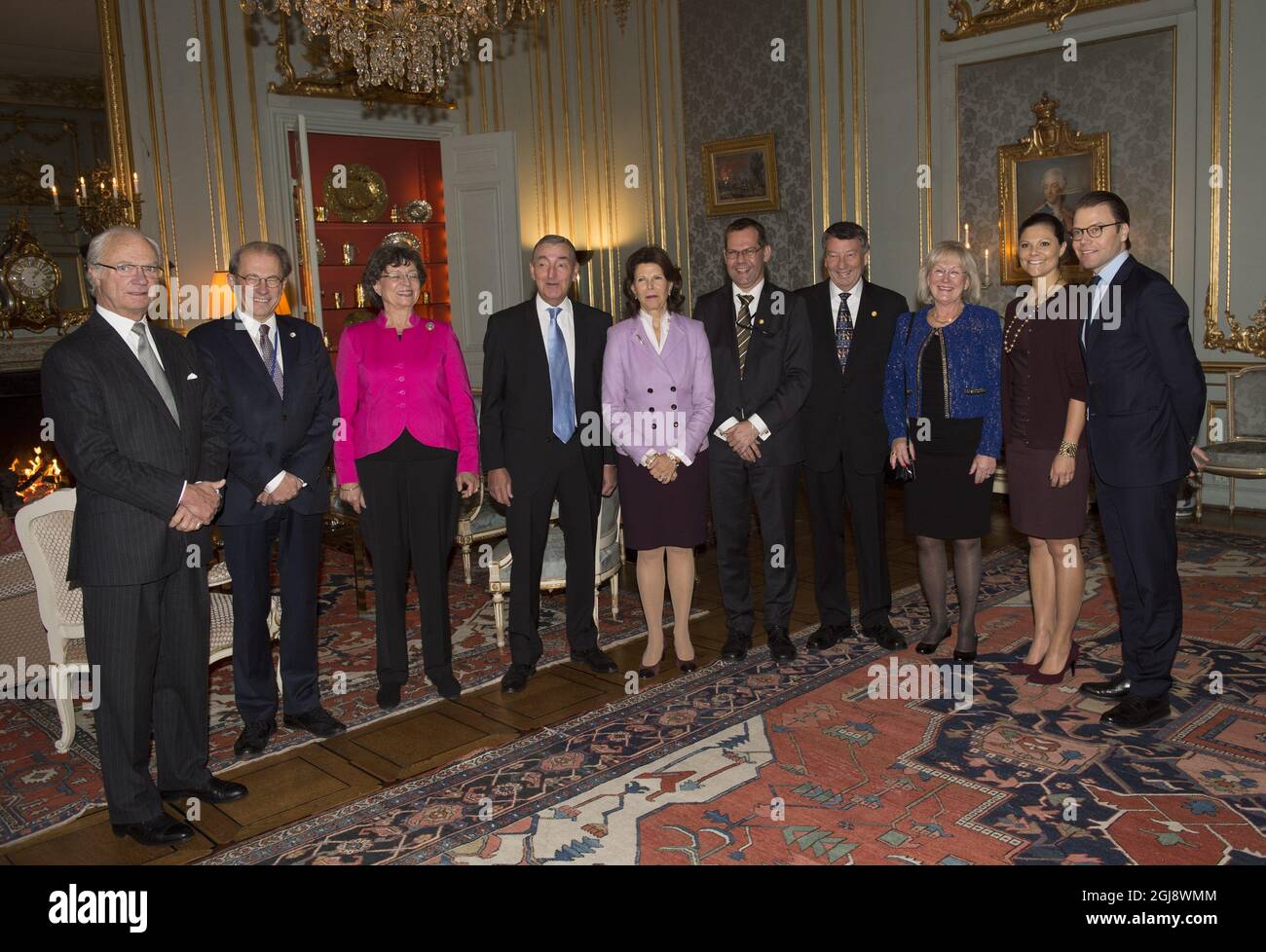 STOCKHOLM 20141118 King Carl Gustaf, Queen Silvia, Crown Princess Victoria and Prince Daniel held a lunch for the former Speaker of the Riksdag, Per Westerberg, first Deputy Susanne Eberstein, chamber Magistracy Hans Eberstein, second deputy Ulf Holm and third deputy Jan Ertsborn with his wife Ulla at the Royal Palace in Stockholm. Foto: Fredrik Sandberg / TT / Kod 10080  Stock Photo