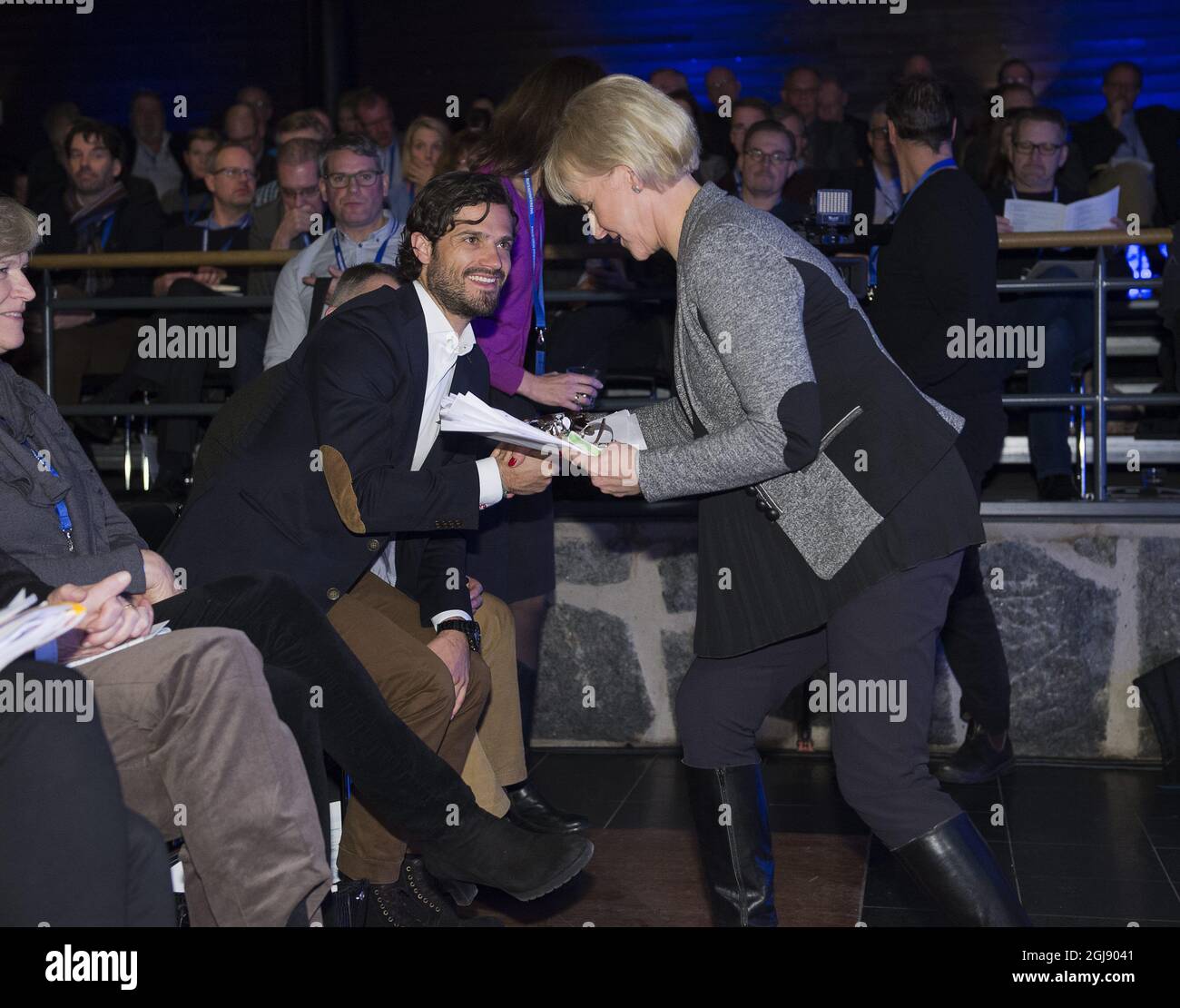 STOCKHOLM 20150111 Prince Carl Philip is seen with Minister for Foreing affairs Margit Wallstrom during at the annual Defense Conference in Salen, Sweden, January 12, 2015 Foto: Sven Lindwall / EXP / TT / kod 7117 ** OUT SWEDEN OUT **  Stock Photo