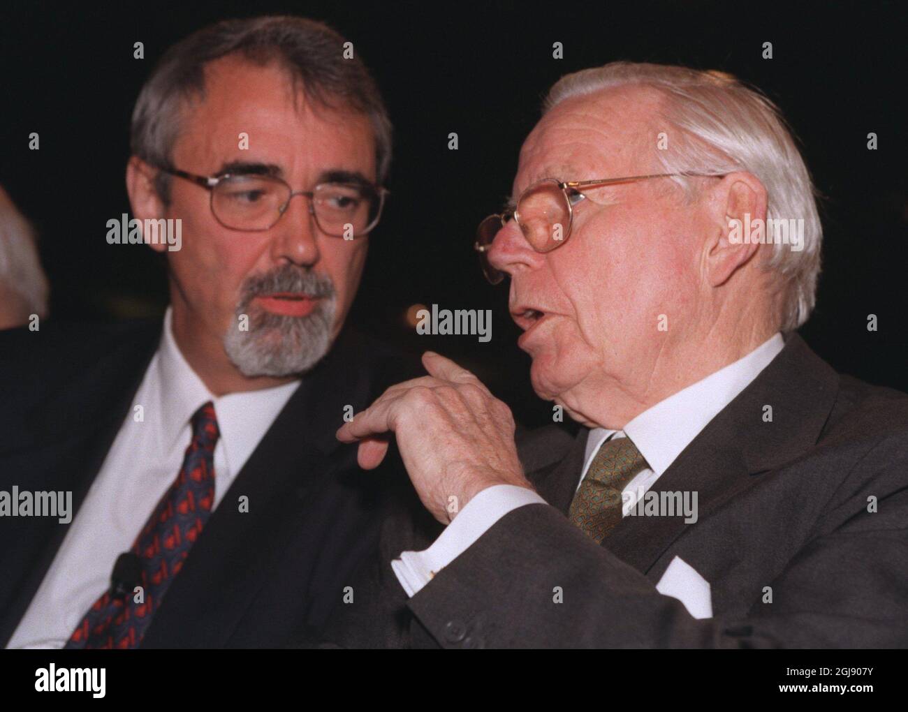 Â© SCANPIX, Stockholm, Sweden, 19990414, Foto: Rolf Hoeer/SCANPIX Code: 40050 *** File *** The owners of the ABB Company is demanding that the pension of their former President and CEO Swede Percy Barnevik is whitdrawn. The new board and owners concider his miljon dollar parachute too high and that the old board did not properly inform of the negotiations. Picture; Percy Barnevik (left) and Peter Wallenberg from the Swedish financefamily Wallenbergs, also owners of the ABB  Stock Photo