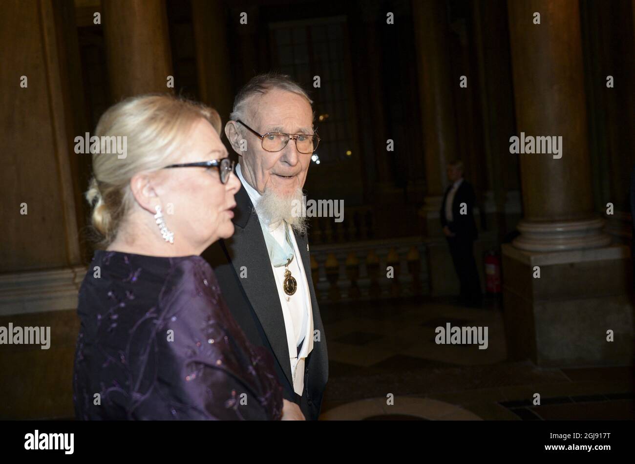 STOCKHOLM 2015-02-11  IKEA founder and owner Ingvar Kamprad and his assistant Eva Lundell Fragniere  arriving to a reception dinner held on Wednesday Feb. 11, 2015 at the Royal Palace in Stockholm, Photo Fredrik Sandberg / TT / kod 10080 Stock Photo