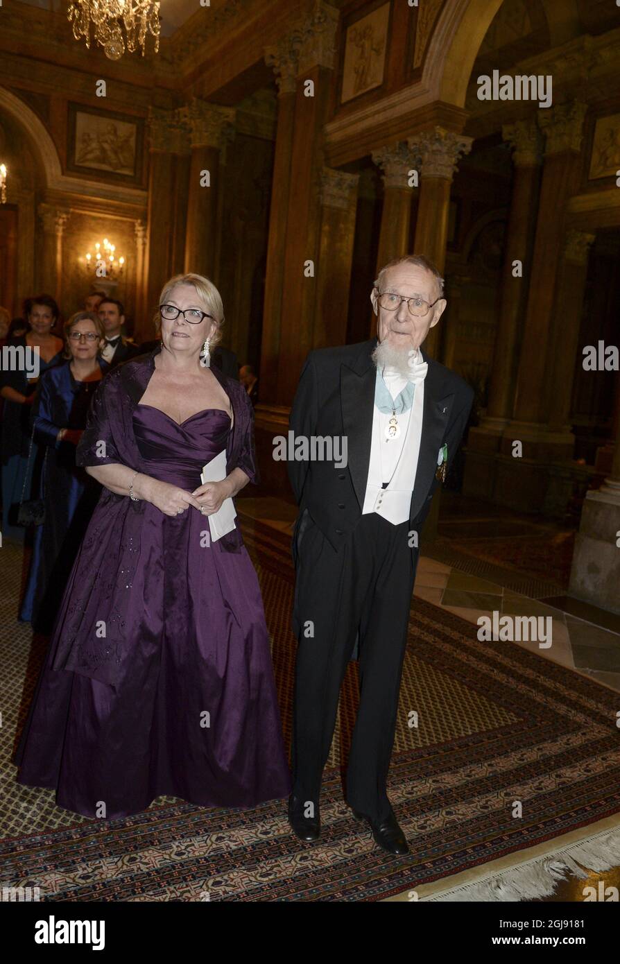 STOCKHOLM 2015-02-11  IKEA founder and owner Ingvar Kamprad and his assistant Eva Lundell Fragniere  arriving to a reception dinner held on Wednesday Feb. 11, 2015 at the Royal Palace in Stockholm, Photo Fredrik Sandberg / TT / kod 10080 Stock Photo