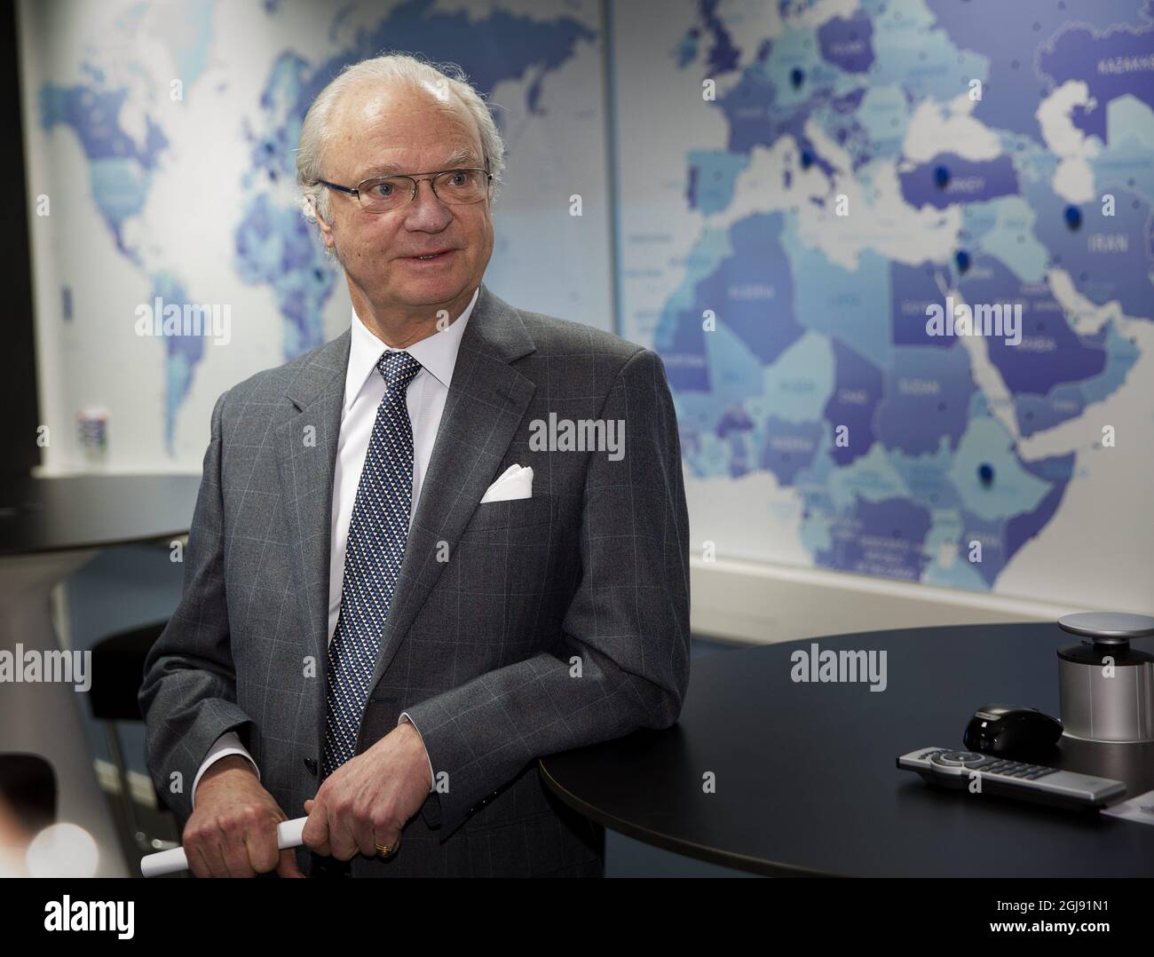 NORRKOPING 2015-02-20 King Carl Gustaf is seen during his visit to Â“The Migration BoardÂ” of Sweden in Norrkoping, Sweden, February 20, 2015. The Migration Board handles application for immigration to Sweden. Foto: Stefan Jerrevang / TT / Kod 60160  Stock Photo