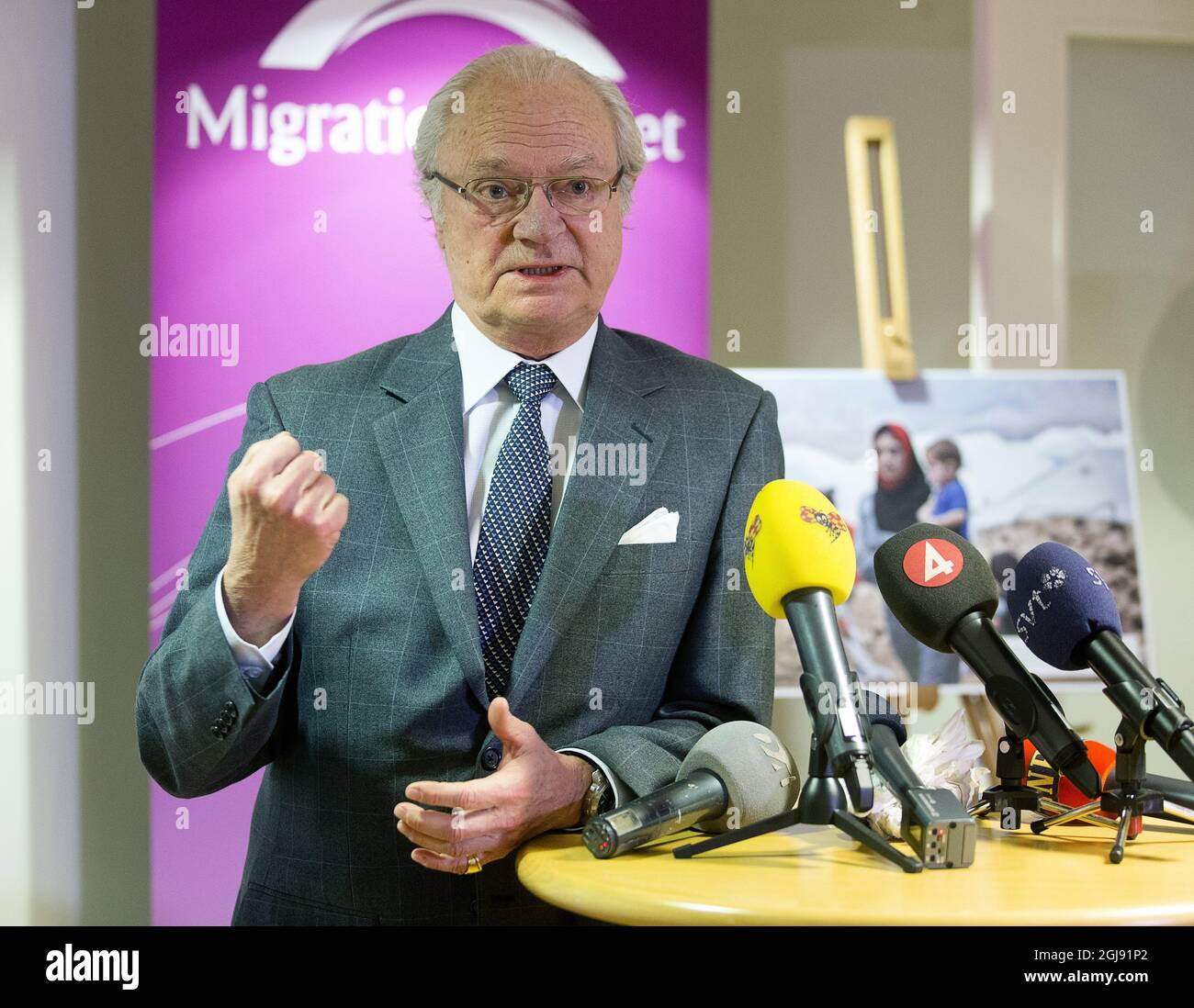 NORRKOPING 2015-02-20 King Carl Gustaf is seen during his visit to Â“The Migration BoardÂ” of Sweden in Norrkoping, Sweden, February 20, 2015. The Migration Board handles application for immigration to Sweden. Foto: Stefan Jerrevang / TT / Kod 60160  Stock Photo