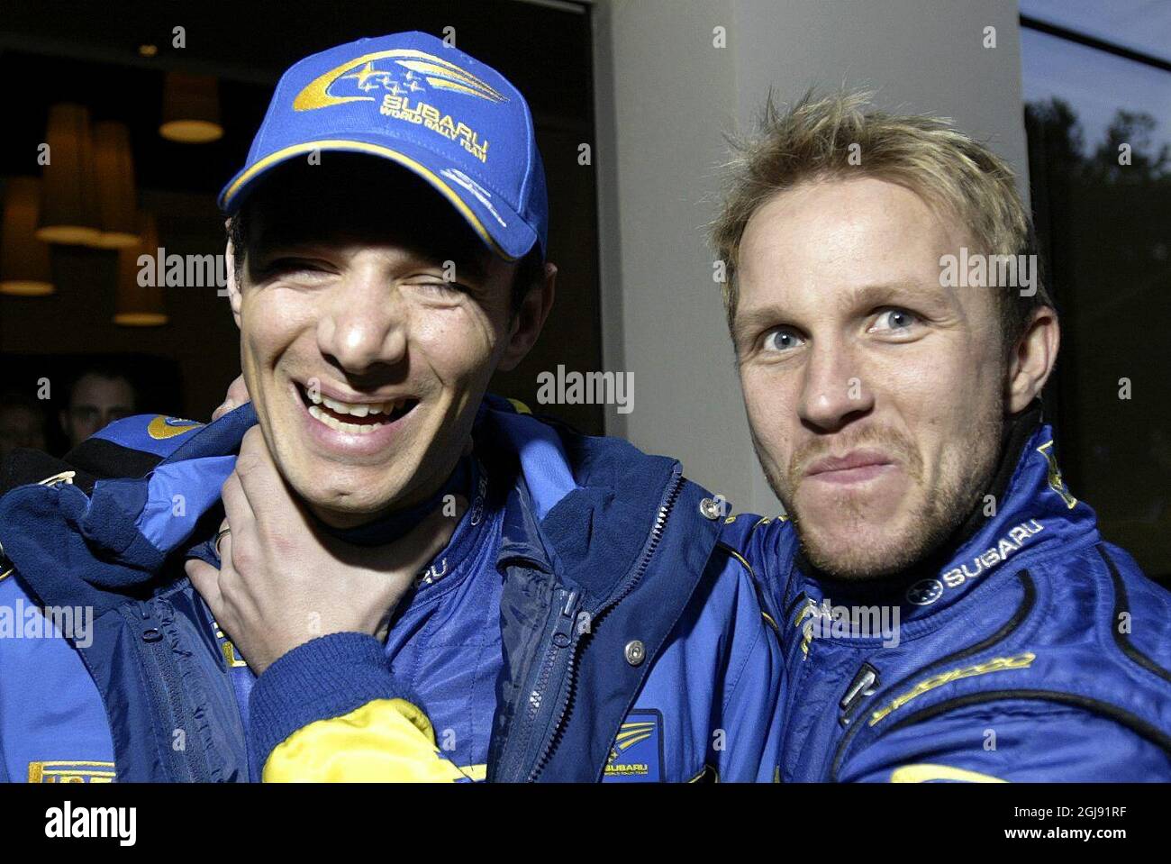Norwegian rally driver Petter Solberg of the Subaru team with team mate ...