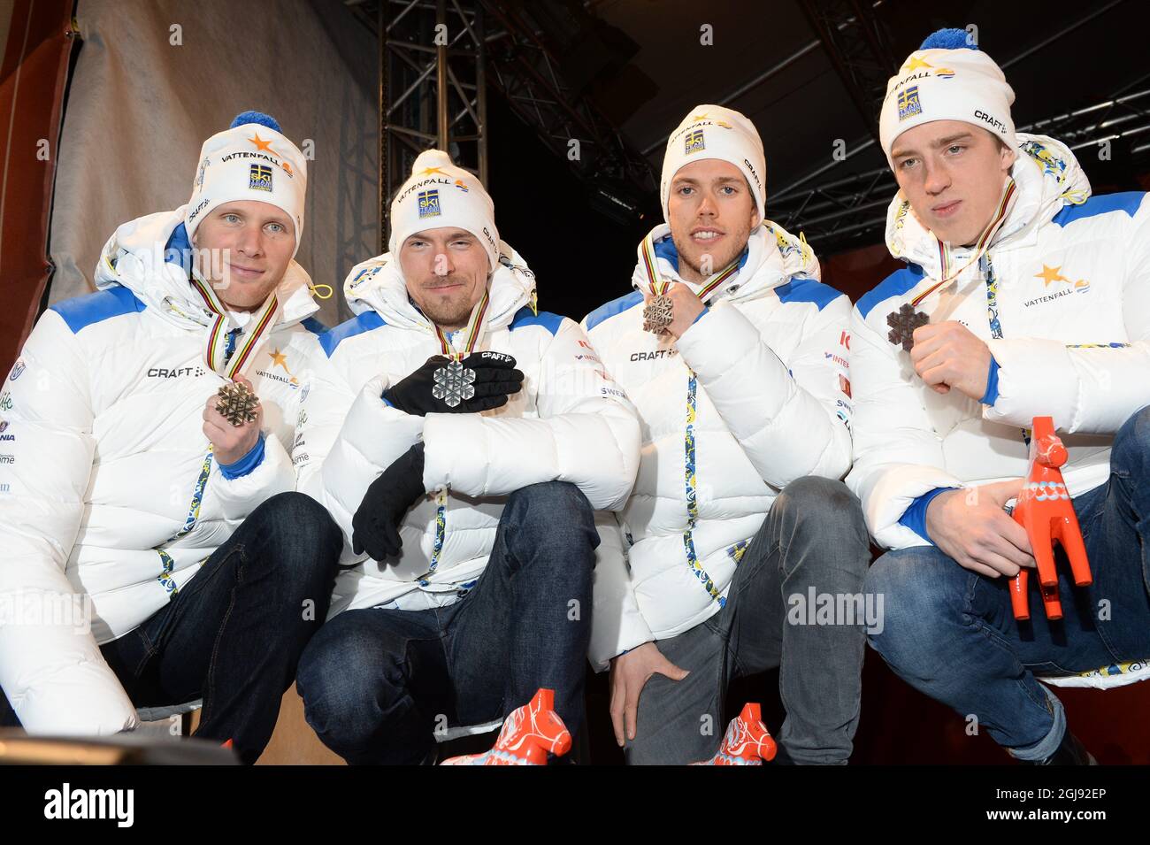 Silver medalists Daniel Richardsson, Johan Olsson, Marcus Hellner and Calle Halfvarsson (L-R) from Sweden pose on the podium during the medal ceremony after the men's 4x10 km (M) cross-country relay at the 2015 FIS Nordic Skiing World Championships in Falun, Sweden, February 27, 2015. Photo: Fredrik Sandberg / TT code 10080 Stock Photo