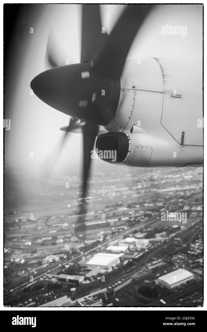 Spain, Canary Islands, Tenerife Island, aerial view from propeller-driver airliner Stock Photo