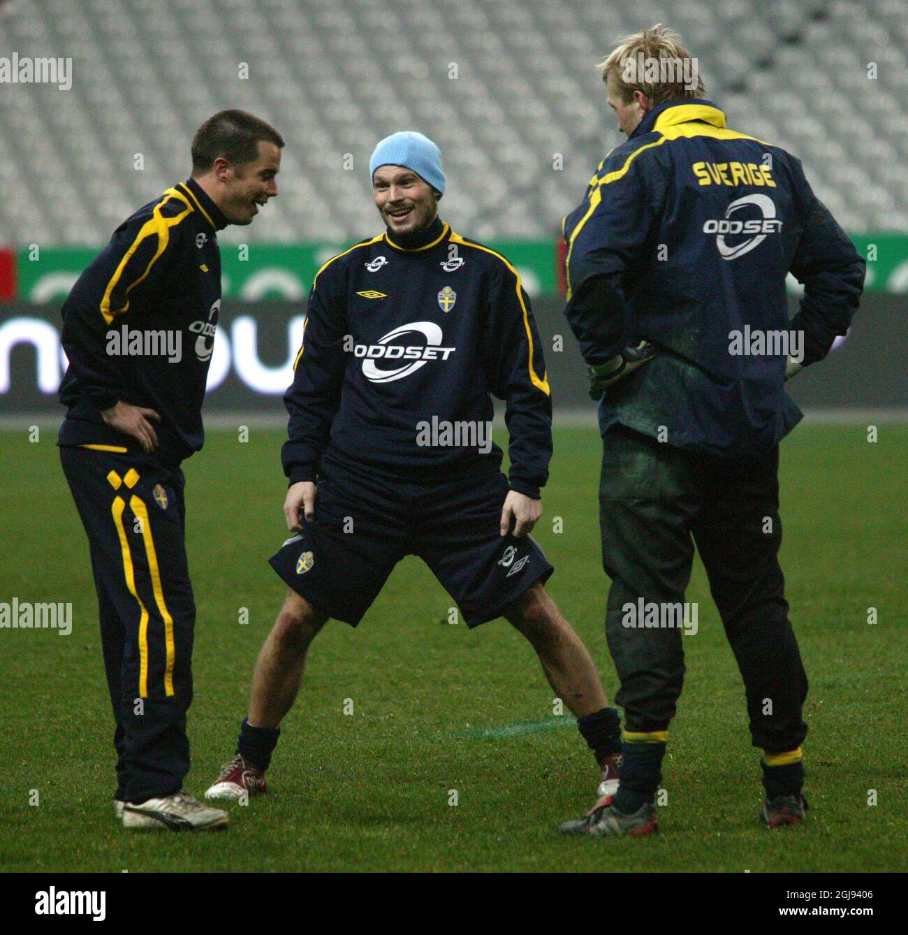 From left Daniel Andersson, Fredrik Ljungberg and Magnus Hedman during the training  Stock Photo