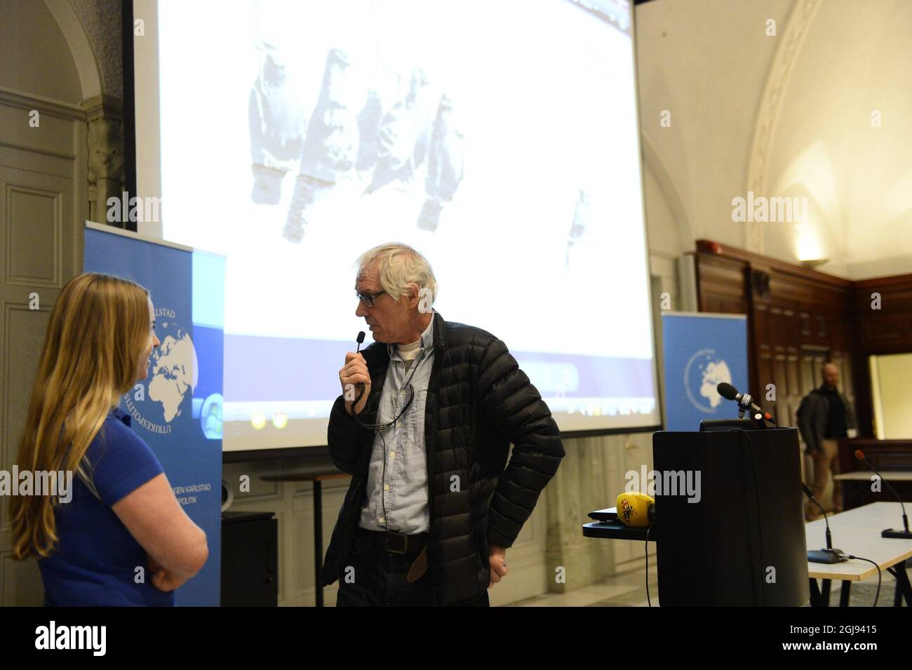 KARLSTAD 2015-03-16 Swedish artist and cartoonist Lars Vilks is seen during his lecture on ' Charlie Hebdo and the limits of Free SpeechÂ” in Karlstad, Sweden, March 16, 2015. Vilks, who once depicted the Prophet Muhammad as a dog, is believed to be one of the targets in a gun attack in Copenhagen last month. His lecture was surrounded by armed police. Foto: Maja Suslin / TT / kod 10300  Stock Photo