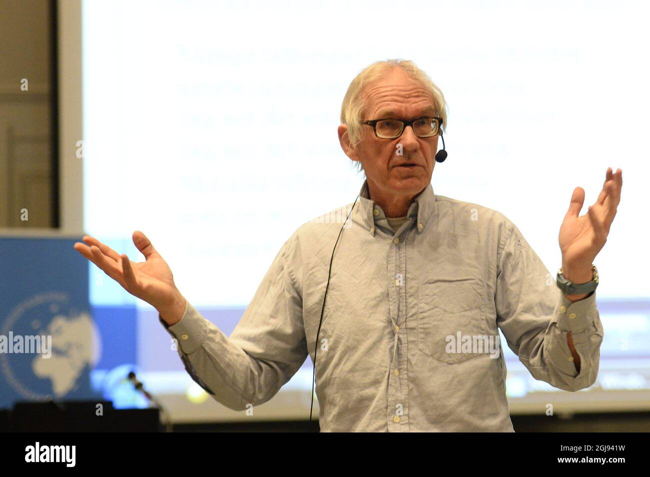 KARLSTAD 2015-03-16 Swedish artist and cartoonist Lars Vilks is seen during his lecture on ' Charlie Hebdo and the limits of Free SpeechÂ” in Karlstad, Sweden, March 16, 2015. Vilks, who once depicted the Prophet Muhammad as a dog, is believed to be one of the targets in a gun attack in Copenhagen last month. His lecture was surrounded by armed police. Foto: Maja Suslin / TT / kod 10300  Stock Photo