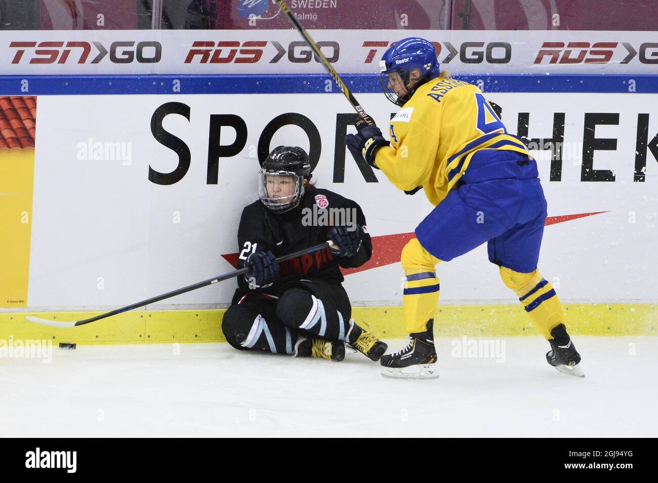 Japans Hanae Kubo (sitting) vies with Swedens Jenni Asserholt during the 2015 IIHF Ice Hockey Womens World Championship group B match between Sweden and Japan at Malmo Isstadion in Malmo, southern Sweden,