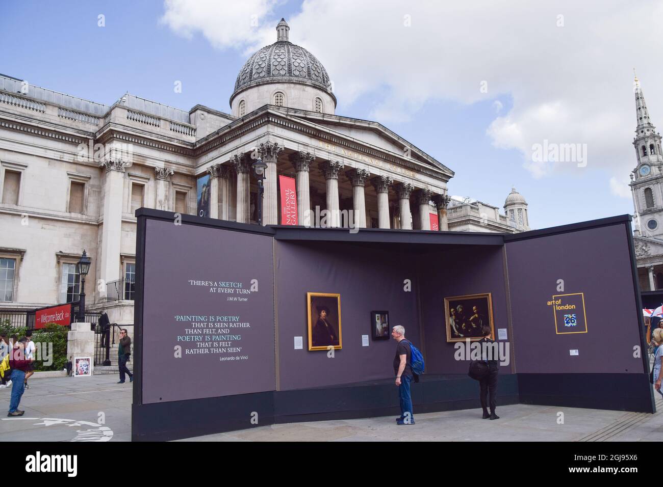 London, United Kingdom. 10th August 2021. The National Gallery's Inside Out Festival, an outdoor exhibition of life-sized replicas of 'the nation's favourite paintings', takes place 10 August - 2 September at Trafalgar Square. Stock Photo