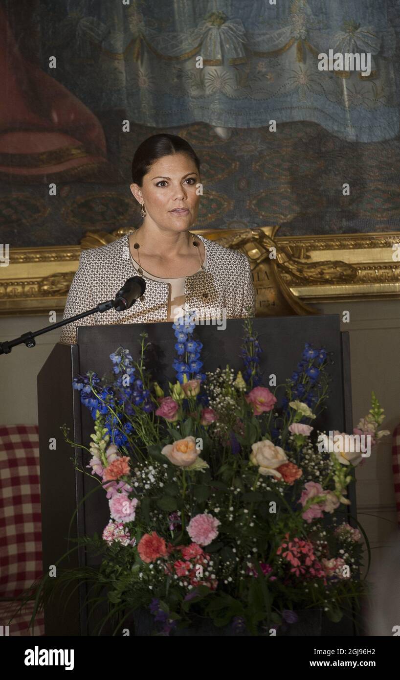 GRIPSHOLM 2015-05-13 Crown Princess Victoria is seen during the inauguration of 'Queen Hedvig Eleonora's jubilee year 2015' at th Gripsholms Palace in Marifered, Sweden May 13, 2015. Queen Hedvig Eleonora (1636-1715) was born in Holstein-Gottorp in present Germany and married to King Karl X Gustav. Foto Jonas Ekstromer / TT / kod 10030  Stock Photo