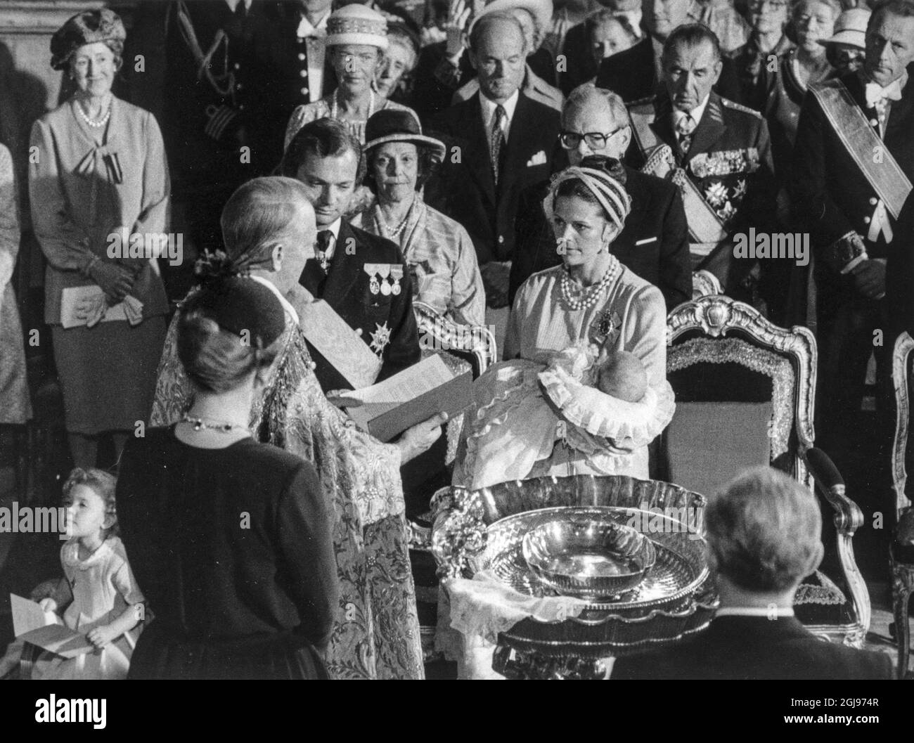 ARKIV STOCKHOLM 1979-08-31 Princess Victoria, King Carl Gustaf and Queen Silvia with Crown Prince Carl Philip during the Christening of Carl Philip in the Royal Chapel ion Stockholm, Sweden, August 31, 1979 Foto: Leif R Jansson / TT / Kod: 50020  Stock Photo