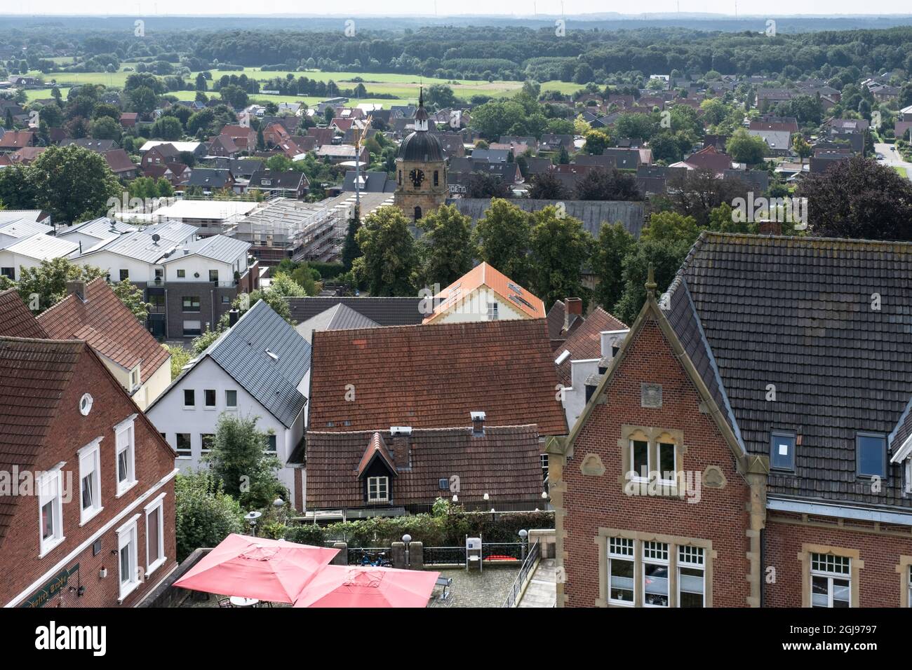 Aerial view of the old town with many buildings with a red roof in the german city of Bad Bentheim Stock Photo