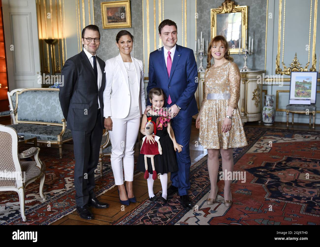 STOCKHOLM 2015-05-27 Swedish Crown Princess Victoria (2nd L) and Prince Daniel (L) during a reception for Estonian PM Taavi RÃµivas (2nd R), his daughter Miina RÃµivas (C) and 1st lady Luisa Vark at the Royal Palace in Stockholm, Sweden, May 27, 2015. RÃµivas visited Sweden for bilateral talks Wednesday. Photo Bertil Ericson / TT / Code 10000 ** SWEDEN OUT ** Stock Photo