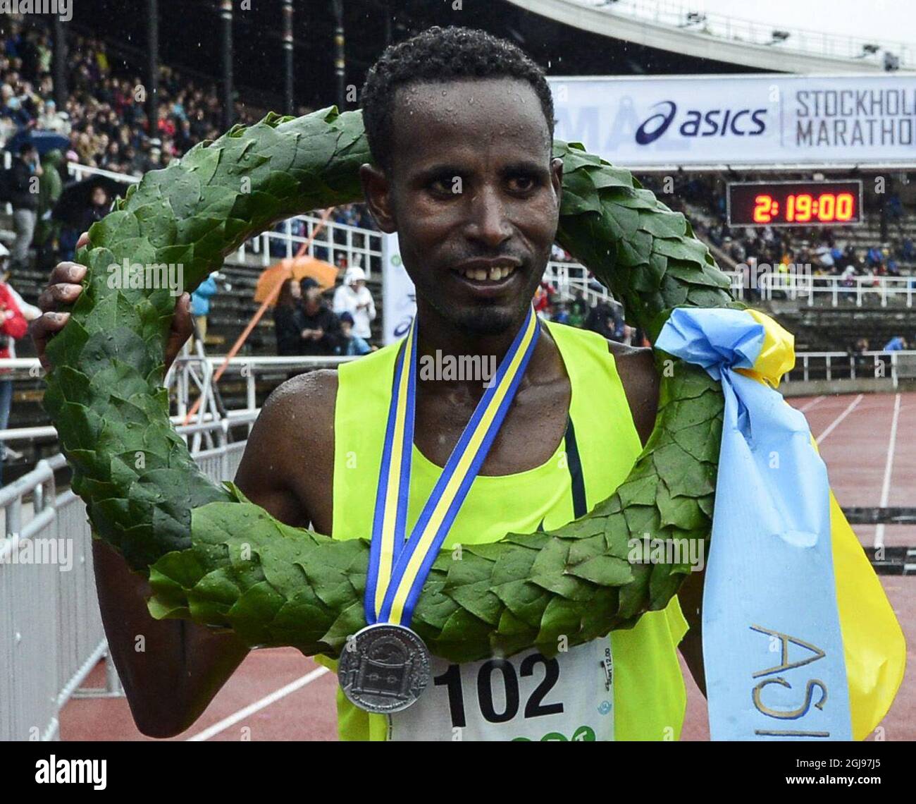STOCKHOLM 2015-05-30 Ethiopian runner Yekeber Bayabel reacts after winning  the men's Stockholm Marathon in Stockholm, Sweden, May 30, 2015. Bayabel  won Saturdays Marathon in 2 hours 18 minutes and 22 seconds in