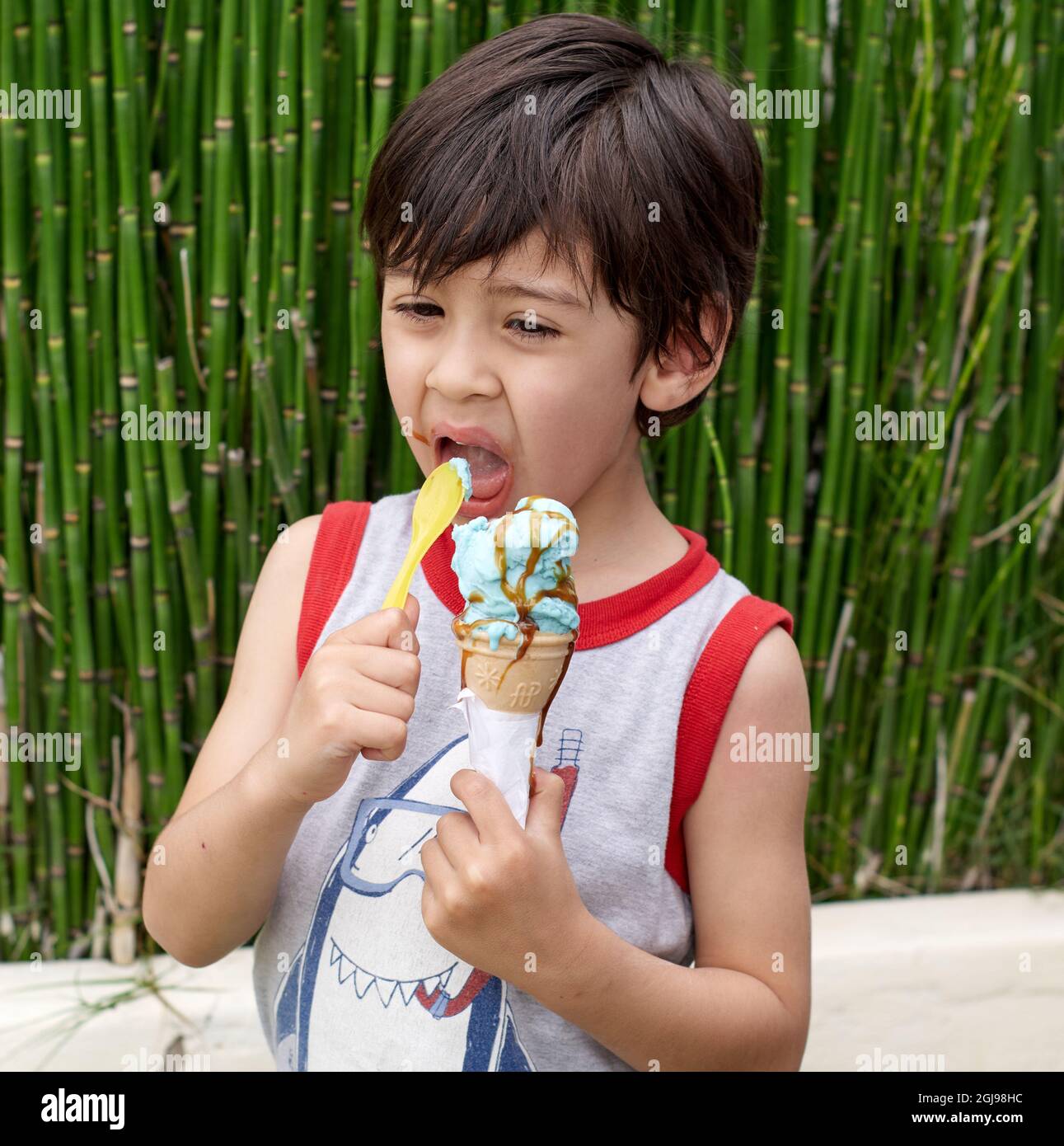 Little brunette boy licking ice cream cone and sucking a spoon, wearing sleeveless grey shirt in summertime. Green plants on background. vertical Stock Photo