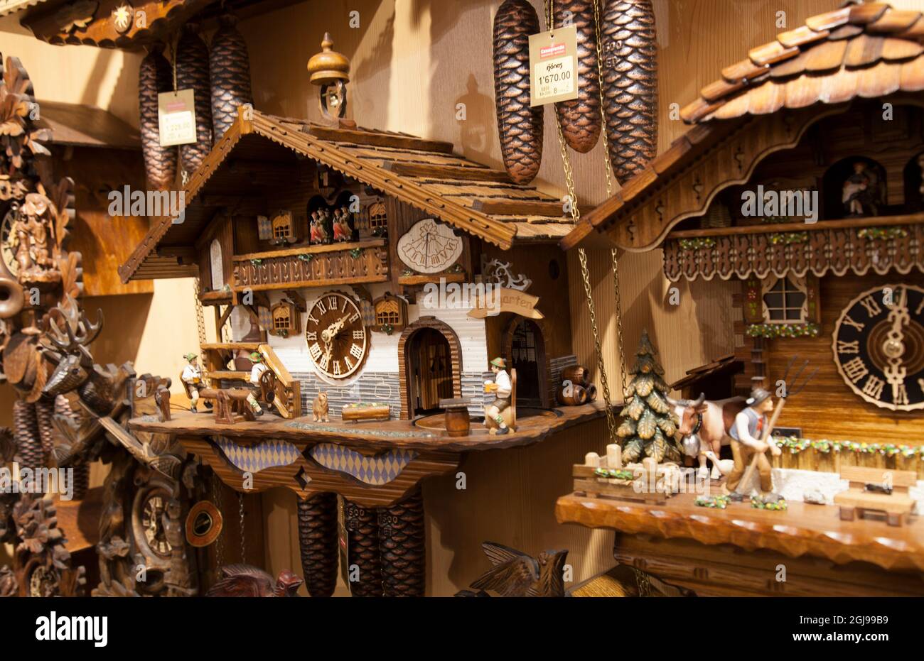 Traditional German cuckoo clocks Bavarian woodwork in shop in Lucerne