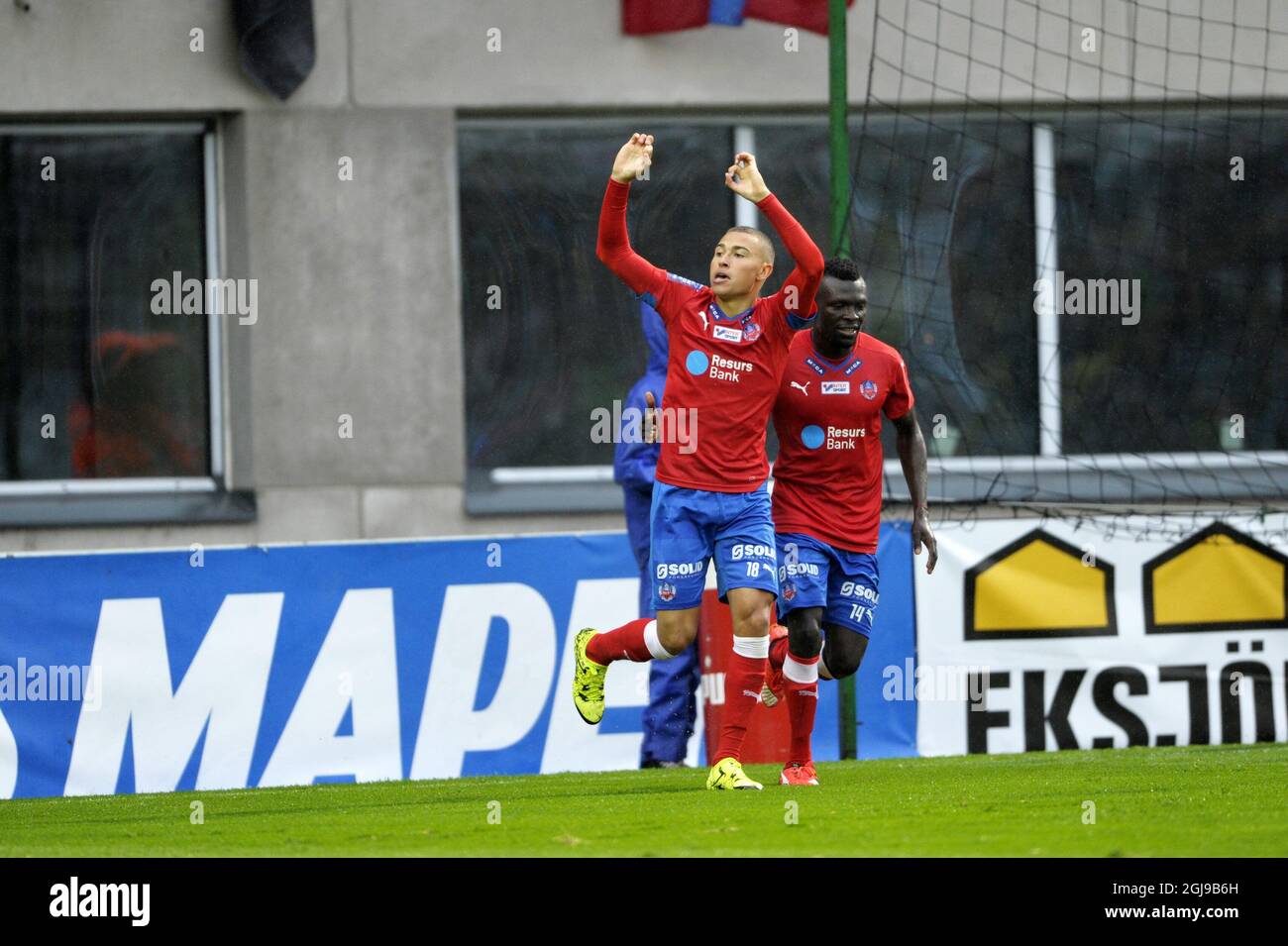 2015-07-19 Helsingborgs Jordan Larsson celebrates 2-1 goal in Swedish first league soccer match at Olympia in Helsingborg in southern Sweden, on July 19, 2015. Photo: Lindgren / / code 9204 Stock Photo - Alamy