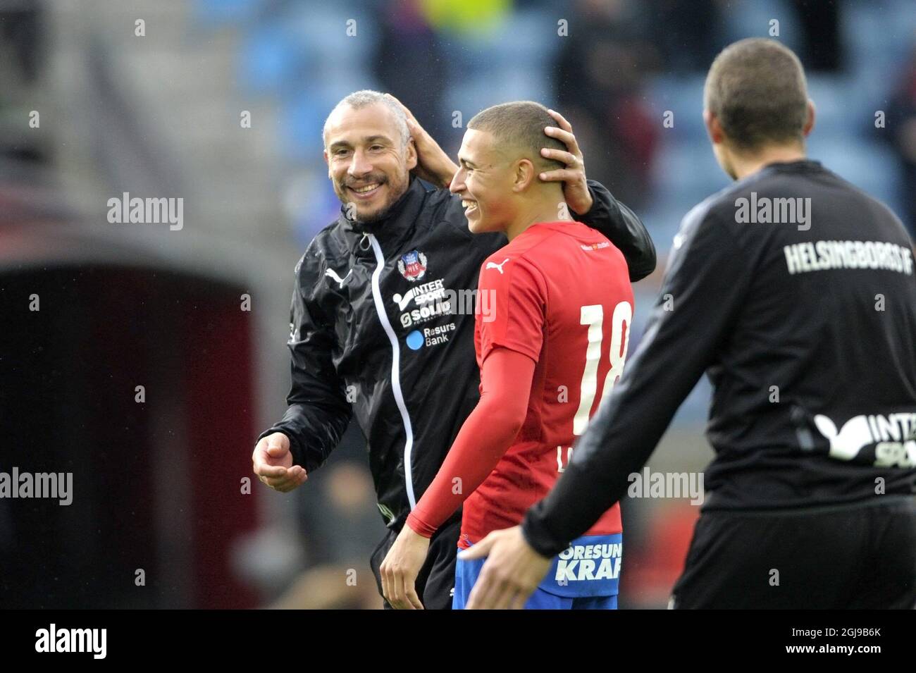 HELSINGBORG 2015-07-19 Helsingborgs Jordan Larsson congratulates by his  father Henrik (trainer in Helsingborg) after the 3-1 victory in Swedish  first league soccer match at Olympia in Helsingborg in southern Sweden, on  July