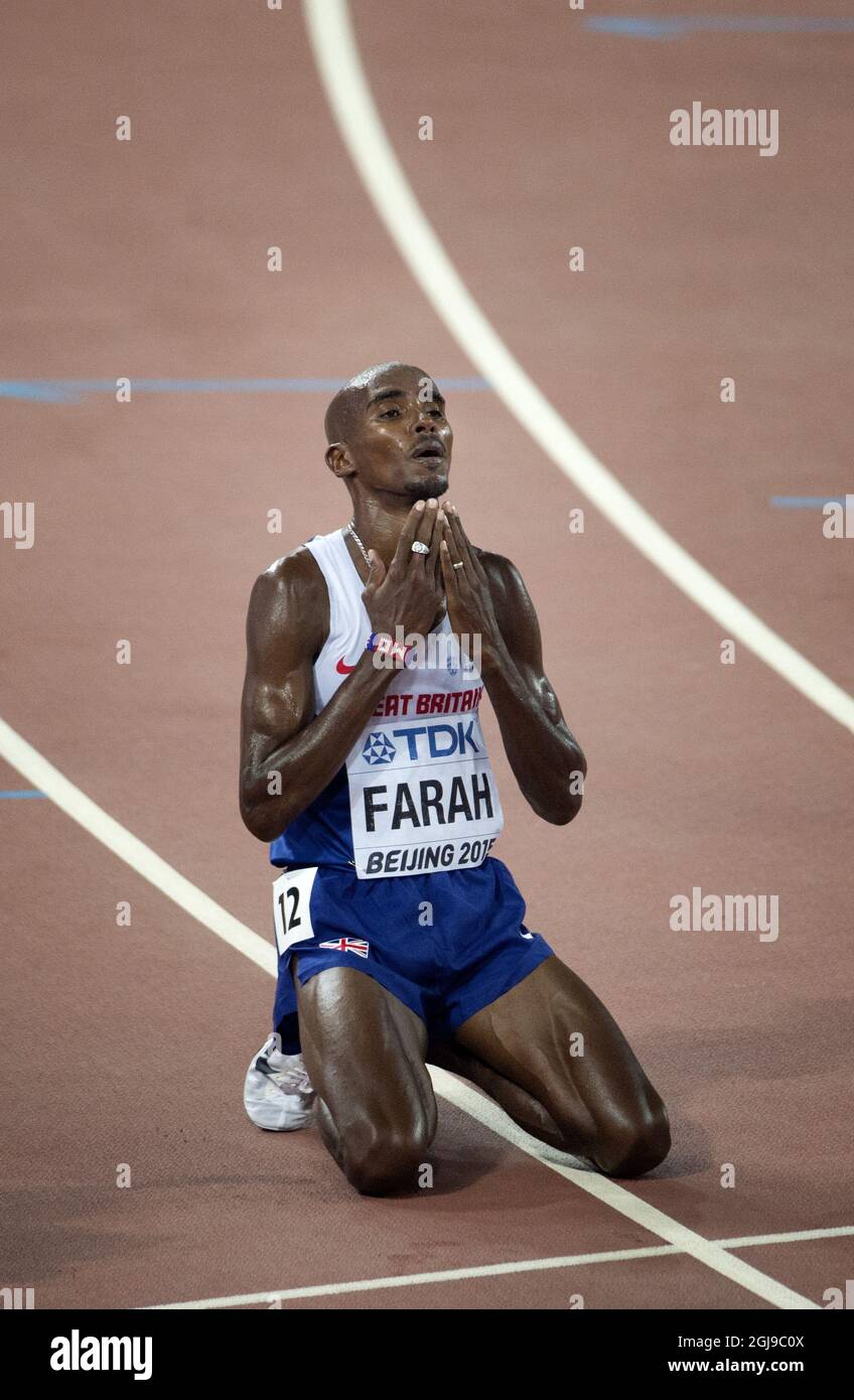 BEIJING 20150822 Mohamed Farah of Great Britain reacts after winning the men's 10000m final during the Beijing 2015 IAAF World Championships at the National Stadium in Beijing, China, August 22, 2015. Photo: Jessica Gow / TT / Kod 10070  Stock Photo