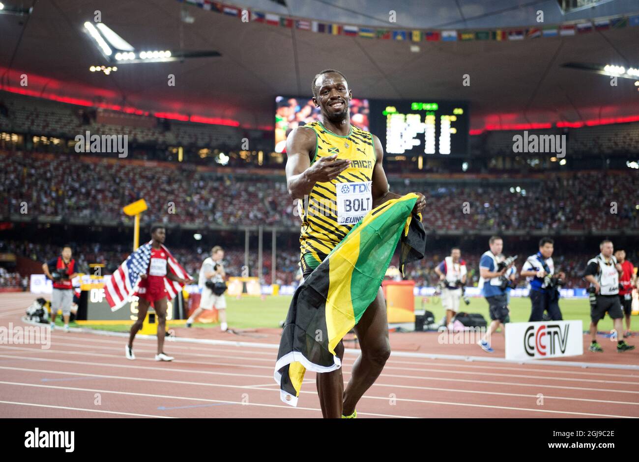 BEIJING 20150823 Usain Bolt of Jamaica after winning the men's 100m final during the Beijing 2015 IAAF World Championships at the National Stadium in Beijing, China, August 23, 2015. Photo: Jessica Gow / TT / Kod 10070  Stock Photo