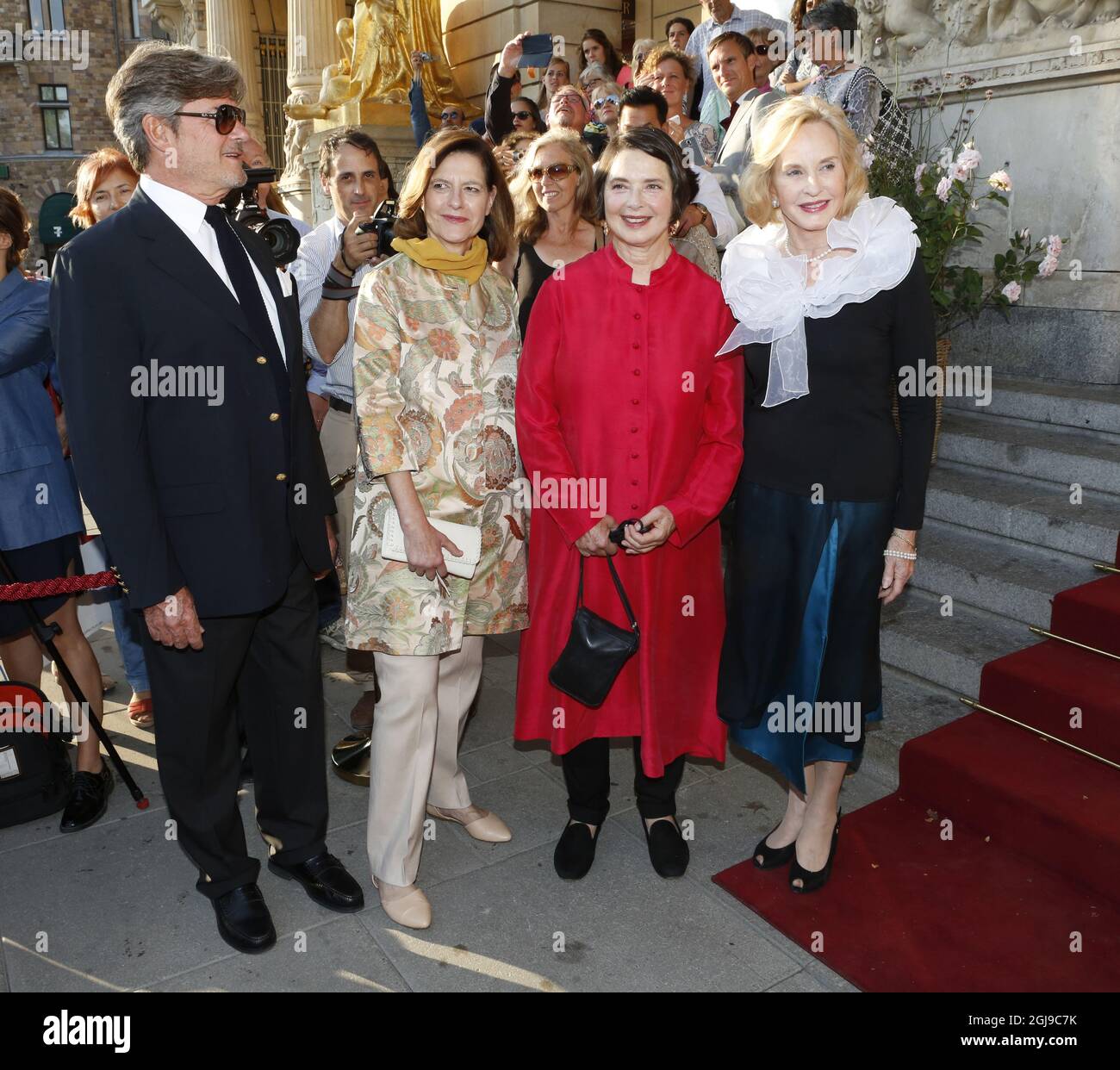 Actress Ingrid Bergman's four children (L-R) Roberto Rossellini, Ingrid Rossellini, Isabella Rossellini and Pia Lindstrom arrive at Dramaten Theatre in Stockholm, Sweden, on Aug. 24, 2015, for the Swedish premiere of the documentary 'Ingrid Bergman: In Her Own Words' on the occasion of the 100 anniversary gala of the birth of the late Swedish actress Ingrid Bergman. Photo: Christine Olsson / TT / code 10430  Stock Photo
