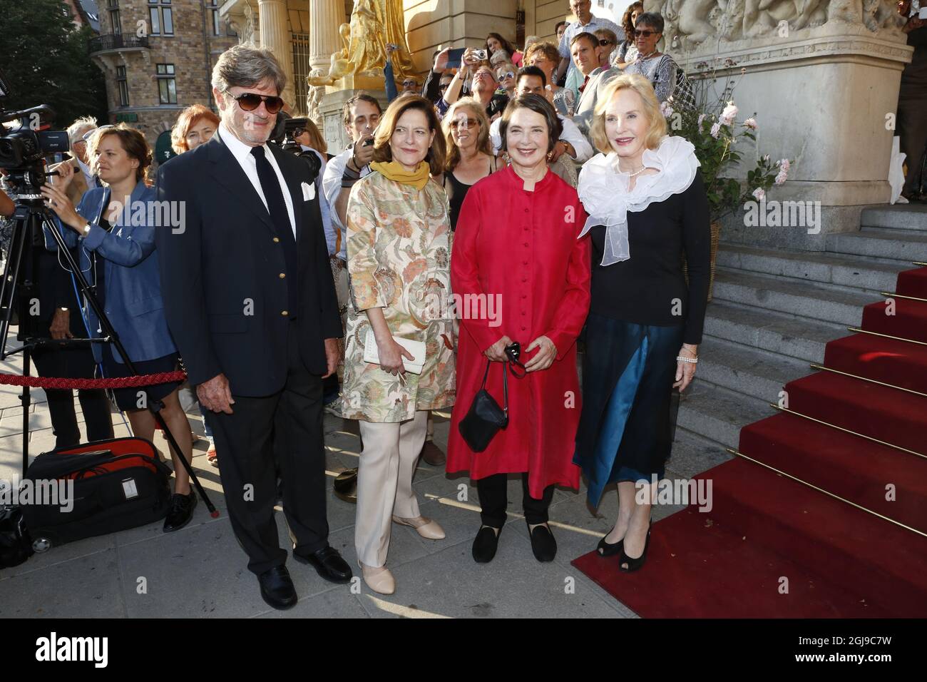 Actress Ingrid Bergman's four children (L-R) Roberto Rossellini, Ingrid Rossellini, Isabella Rossellini and Pia Lindstrom arrive at Dramaten Theatre in Stockholm, Sweden, on Aug. 24, 2015, for the Swedish premiere of the documentary 'Ingrid Bergman: In Her Own Words' on the occasion of the 100 anniversary gala of the birth of the late Swedish actress Ingrid Bergman.  Photo: Christine Olsson / TT / code 10430 Stock Photo
