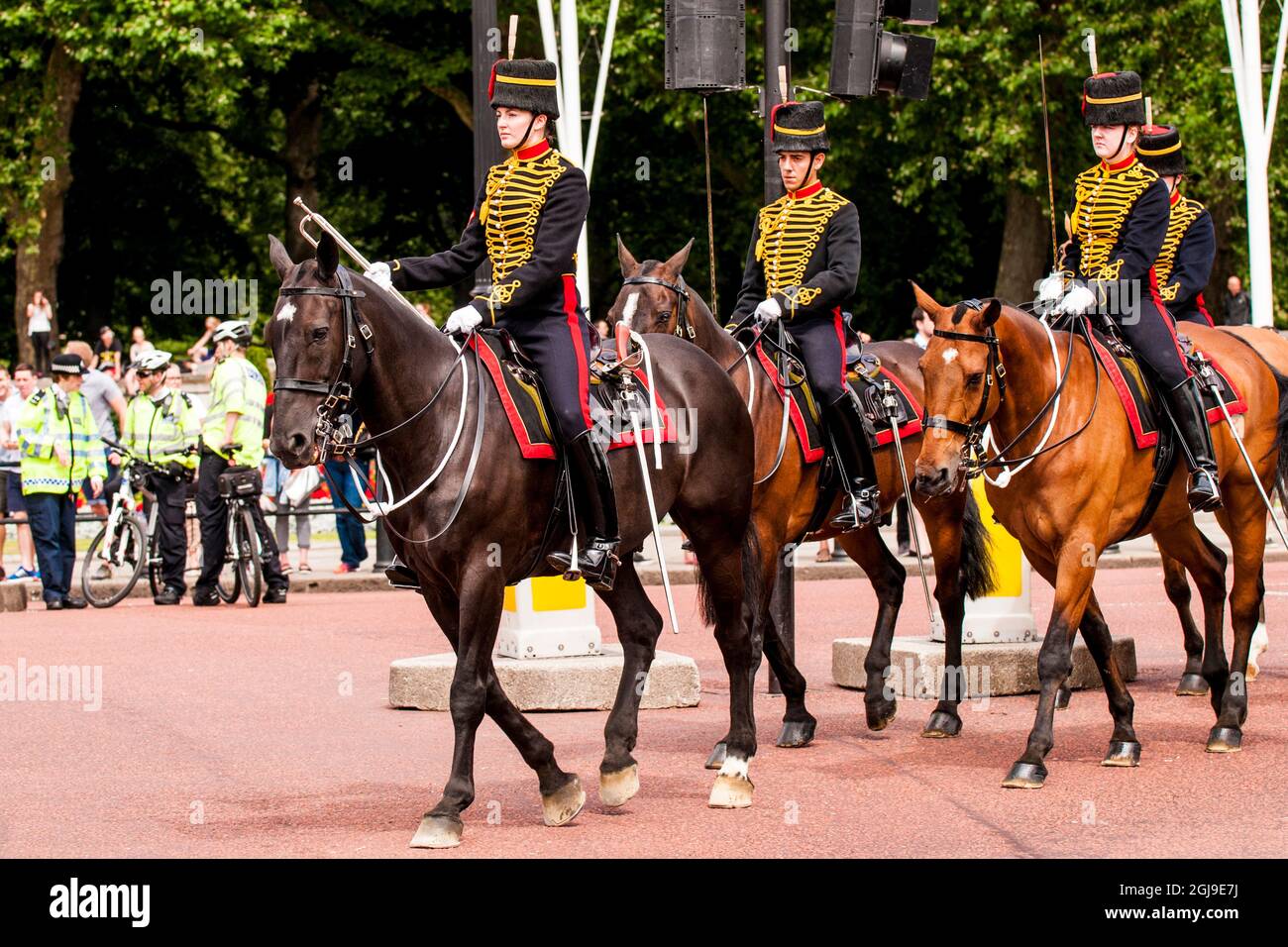 Queens guard at changing of the guard ceremonies at Buckingham Palace, London, England Stock
