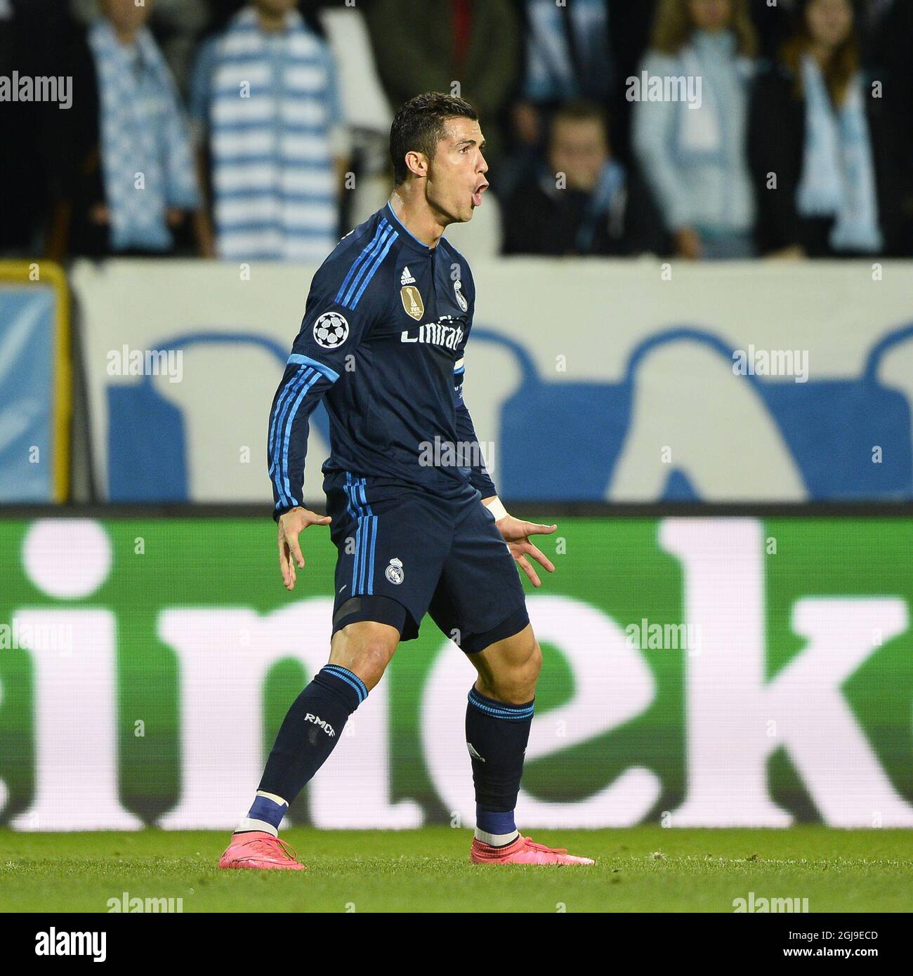 Real Madrids Cristiano Ronaldo Celebrates After Scoring The Opening Goal During The Uefa Champions League Group A Football Match Between Malmo Ff And Real Madrid At Malmo New Stadium In Malmo Sweden
