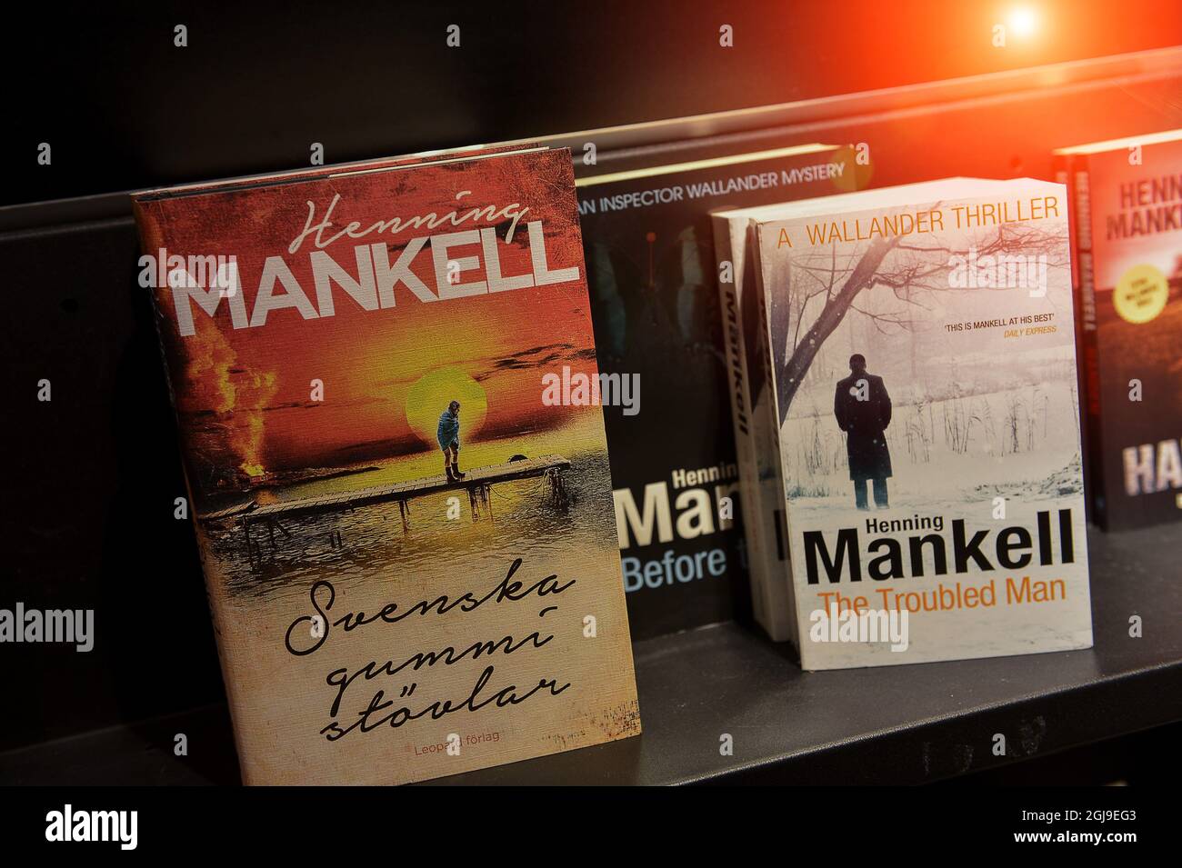STOCKHOLM 2015-10-05 Some of Henning Mankells books on a shelf in a book store in Stockholm, Sweden, October 5, 2015. Henning Mankell died Monday. Henning Mankell was a Swedish crime writer, political activist and dramatist, best known for a series of crime novels starring his most famous creation, Inspector Kurt Wallander. Wallander has been filmed both with Swedish actor Krister Henriksson and British actor Kenneth Branagh in the leading roles. Mankell was 67. Foto Jonas Ekstromer / TT / kod 10030  Stock Photo