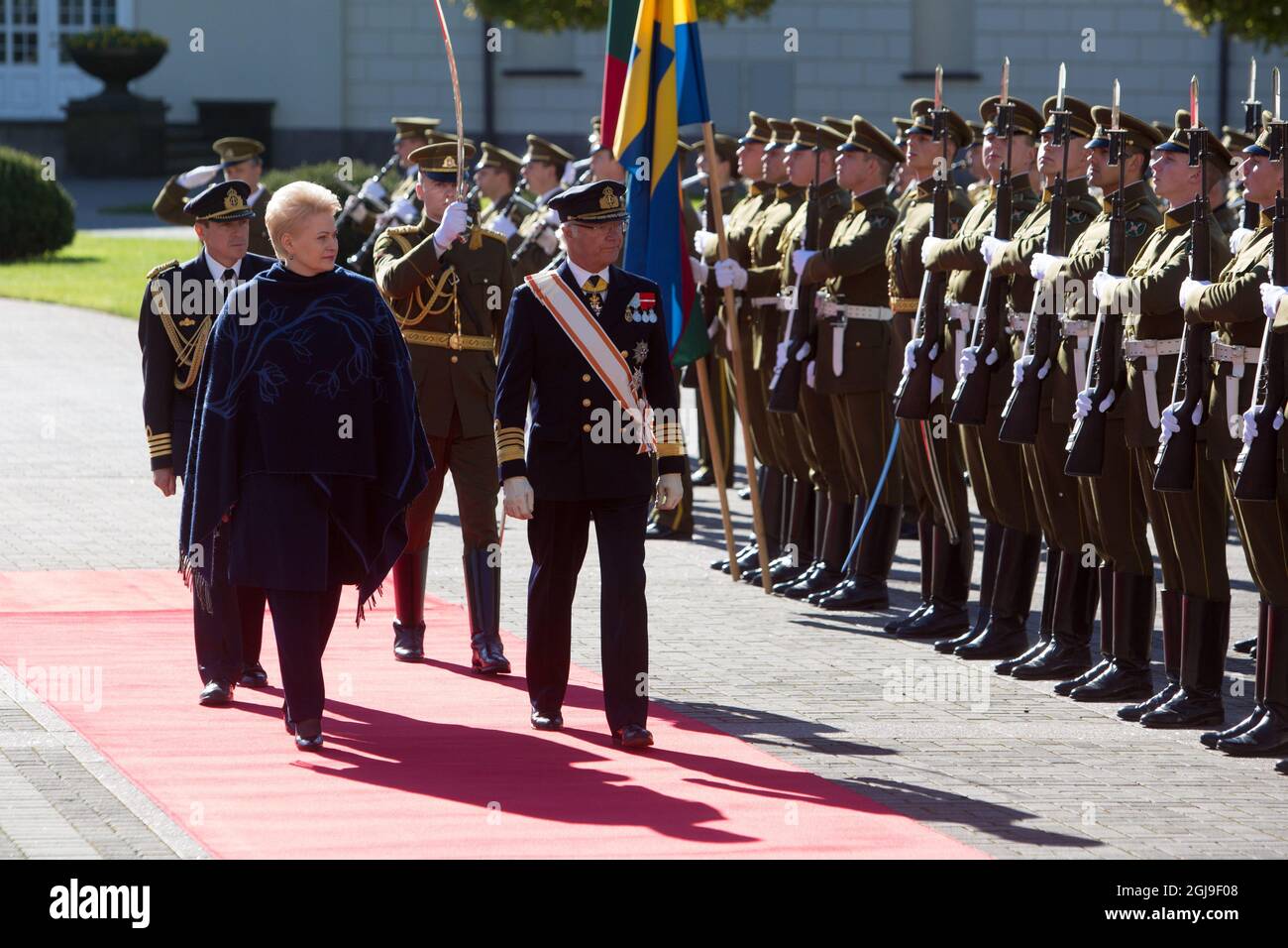 VILNIUS 2015-10-07 President Dalia Grybauskaite and King Carl Gustaf are seen during the welcome ceremony at the Presidential offices in Vilnius, Lithuania October 7, 2015. King Carl Gustaf and Queen Silvia of Sweden are on a three day long State Visit to Lithuania. Photo 15min / Scanpix Baltix/TT Code 20985  Stock Photo