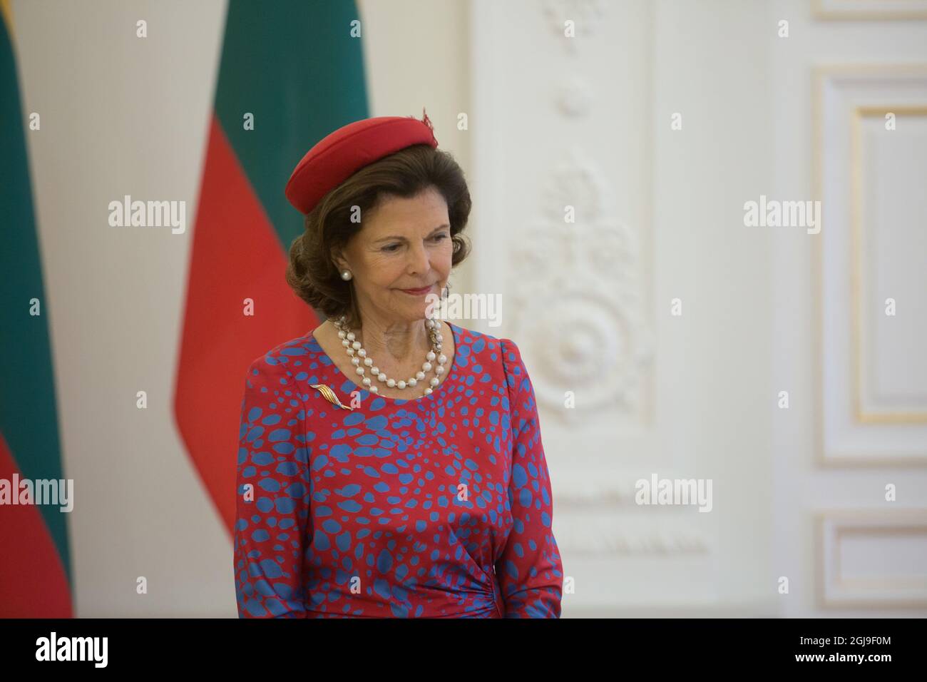 VILNIUS 2015-10-07 Queen Silvia is seen during the welcome ceremony at the Presidential offices in Vilnius, Lithuania October 7, 2015. King Carl Gustaf and Queen Silvia of Sweden are on a three day long State Visit to Lithuania. Photo 15min / Scanpix Baltix/TT Code 20985  Stock Photo