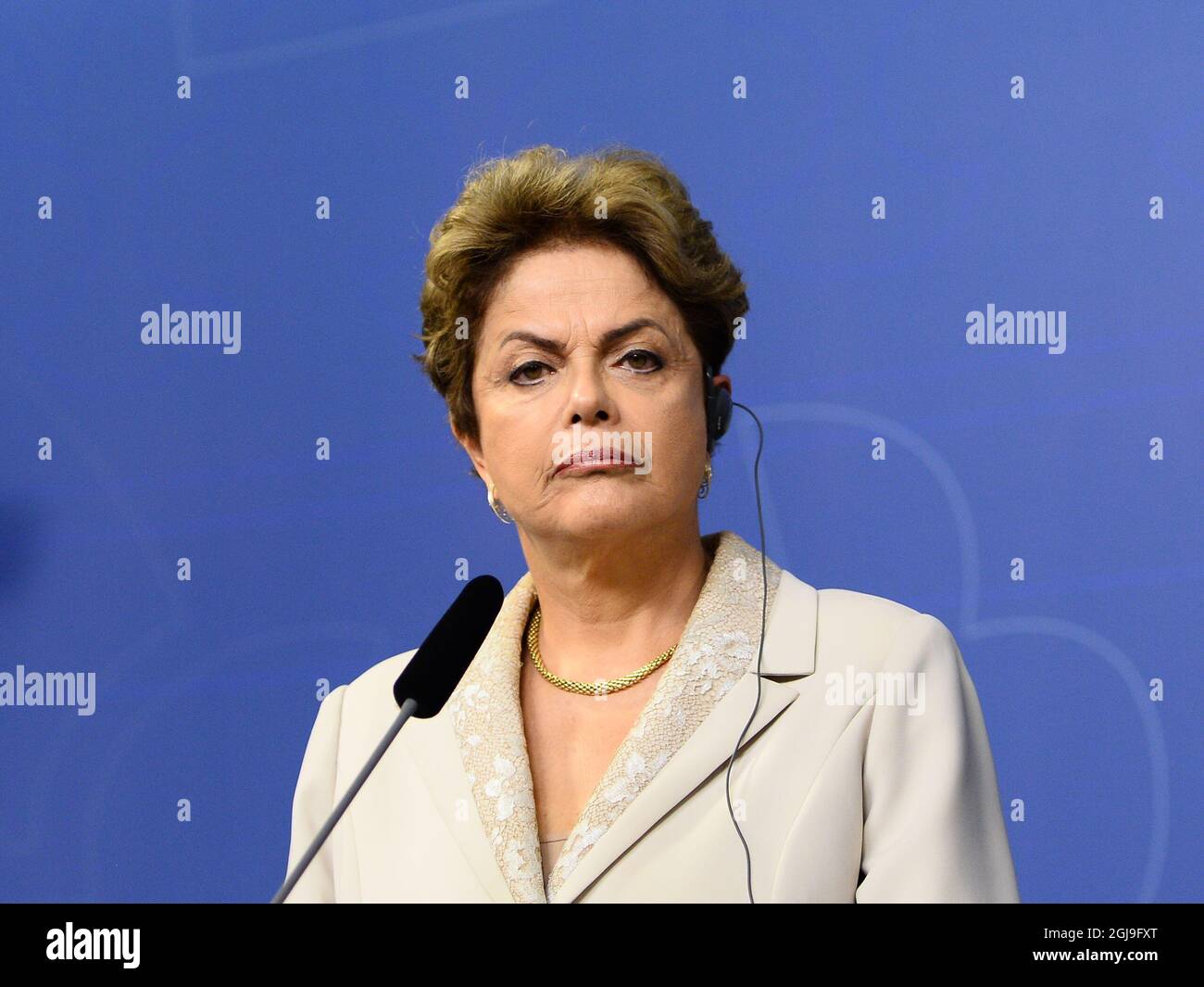 Brazil's President Dilma Rousseff is seen during a press conference together with Sweden's Prime minister Stefan Lofven (out of picture) at Rosenbad in Stockholm, October 19, 2015. Economic exchanges between Sweden and Brazil, climate and sustainability, and defence will be discussed during President Rousseff's two day visit to Sweden. Photo: Maja Suslin / TT / Kod 10300  Stock Photo