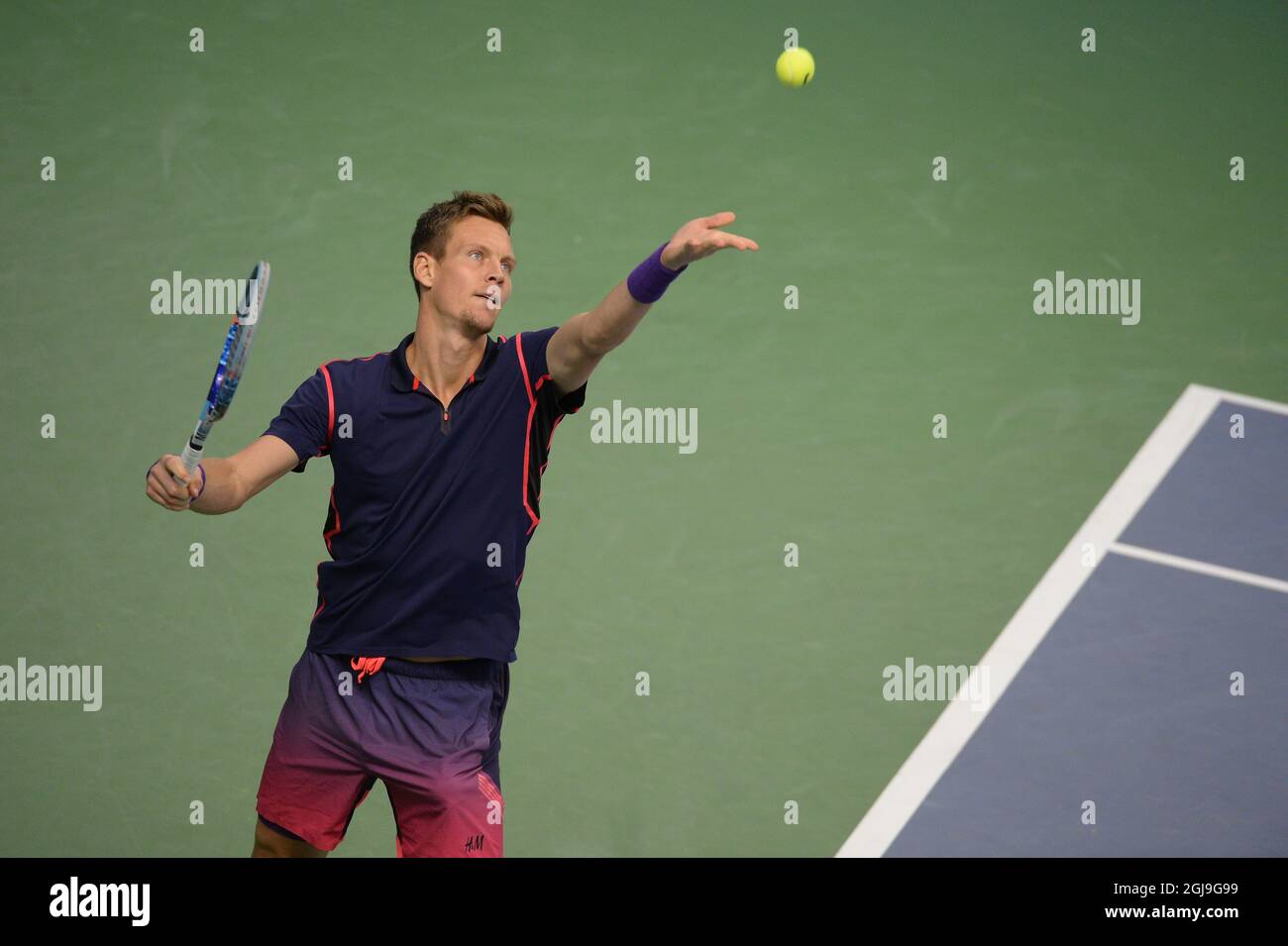 Tomas Berdych, of Czech Republic serv to Jack Sock, of US during the Stockholm Open final Sunday Oct. 25, 2015. Foto: Anders Wiklund / TT / Kod 10040 Stock Photo