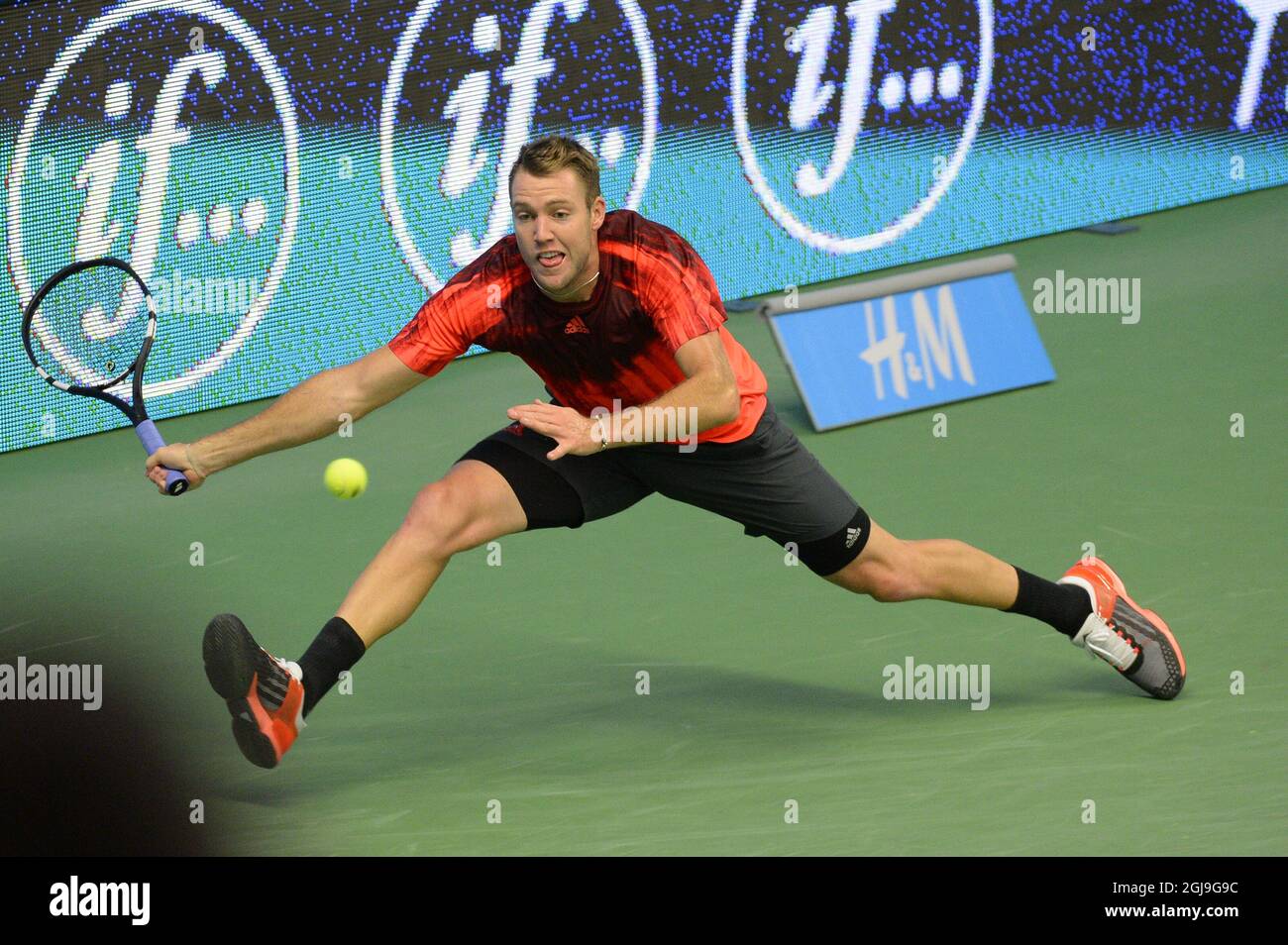 Jack Sock, of US returns to Tomas Berdych, of Czech Republic during the Stockholm Open final Sunday Oct. 25, 2015. Foto: Anders Wiklund / TT / Kod 10040 Stock Photo