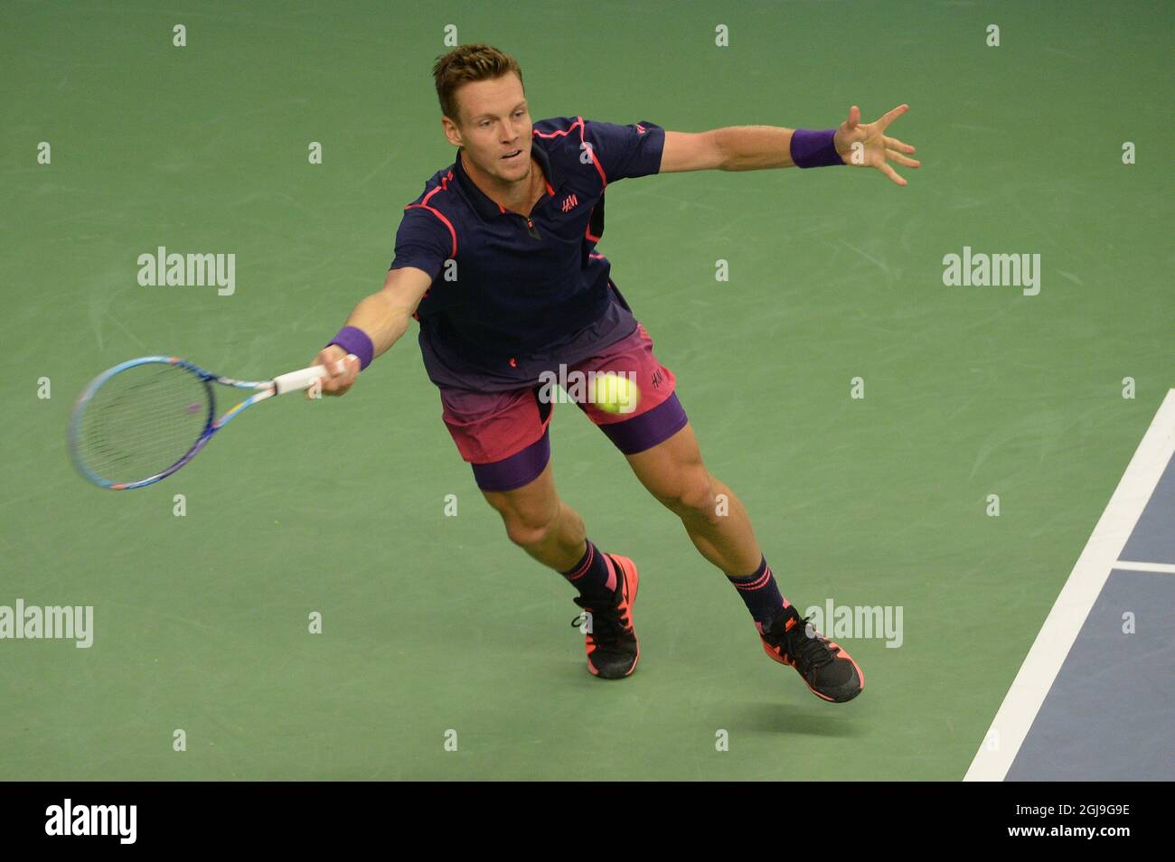 Tomas Berdych, of Czech Republic returns to Jack Sock, of US during the Stockholm Open final Sunday Oct. 25, 2015. Foto: Anders Wiklund / TT / Kod 10040 Stock Photo