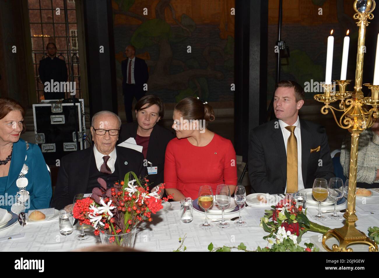 STOCKHOLM 2015-11-05 Crown Princess Victoria talks to the President of Tunisia, Beji CaÃ¯d Essebs, during a lunch at the City Hall in Stockholm, Sweden, November 5, 2015. The Tunisian President is on a State Visit to Sweden. Foto: Maja Suslin / TT kod 10300  Stock Photo