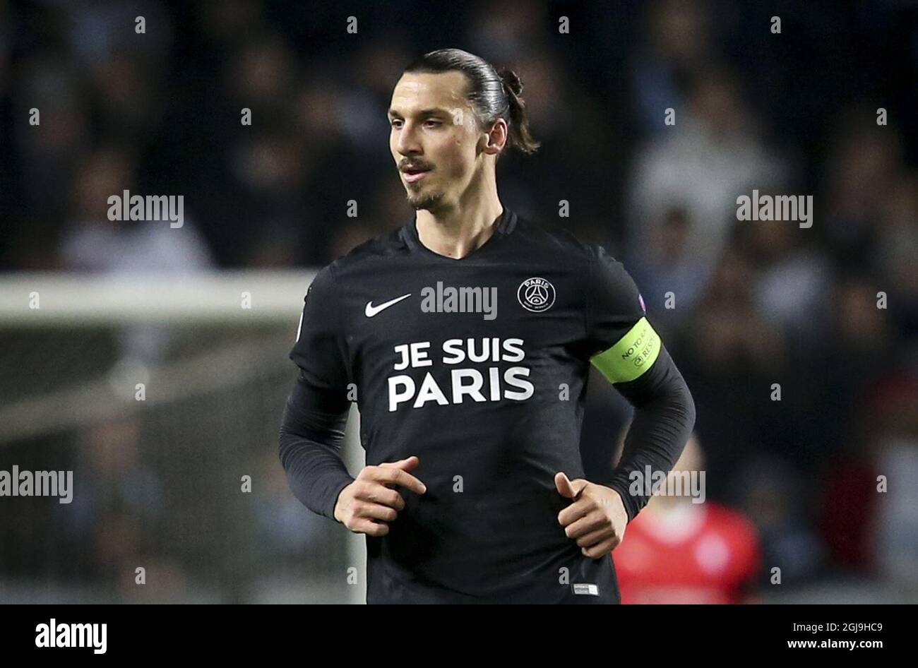 Paris SG's Zlatan Ibrahimovic wearing the Je suis Paris jersey during the  Champions League Group A soccer match between Malmo FF and Paris  Saint-Germain FC at Malmo New Stadium in Malmo, Sweden,