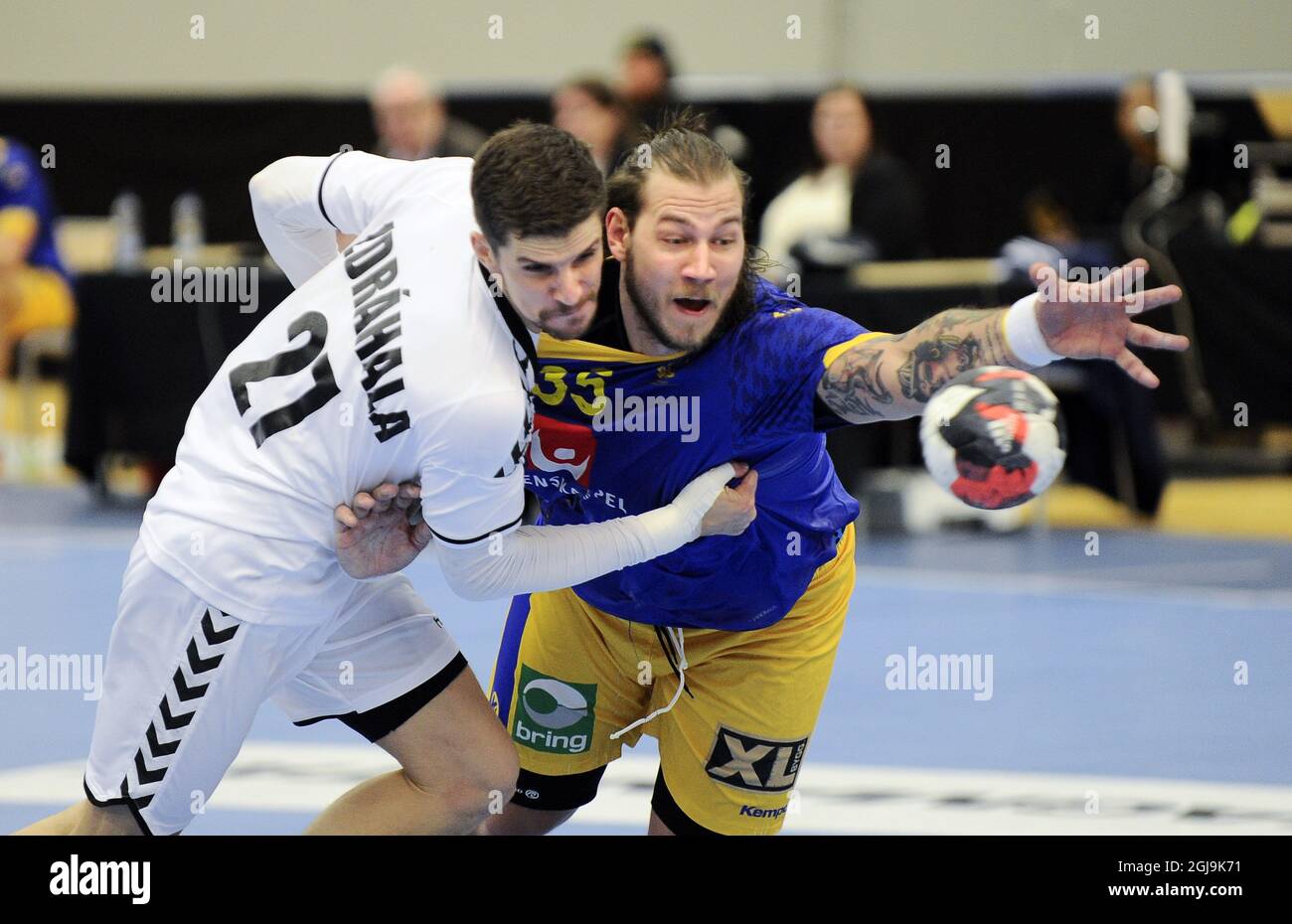 MALMO 20160105 Czech Ondrej Zdrahala, left, fights for the ball with Sweden's Andreas Nilsson during the friendly handball match between Sweden and Czech Republic in Malmo, Sweden, on Jan. 05, 2016. Photo: Bjorn Lindgren / TT / code 9204  Stock Photo