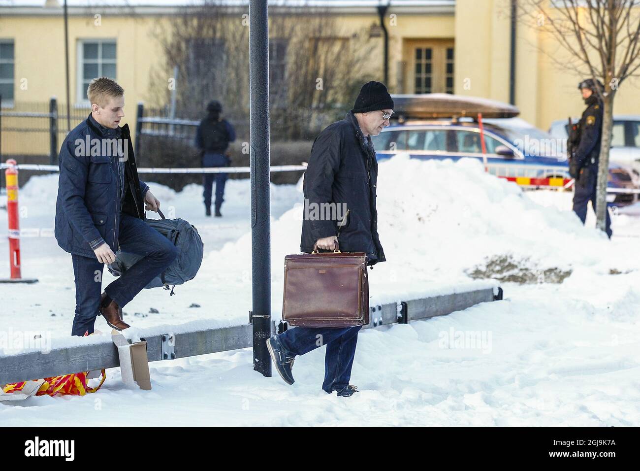 OREBRO 20160107 Artist Lars Vilks and body guards are seen arriving to the the Art School in Orebro, Sweden, January 7, 2016. Lars Vilks still have a death threat over him from fundamentalists after drawing the prophet Mohammed as a dog. Foto: Richard Strom/TT kod 64105 *** BETALBILD  Stock Photo