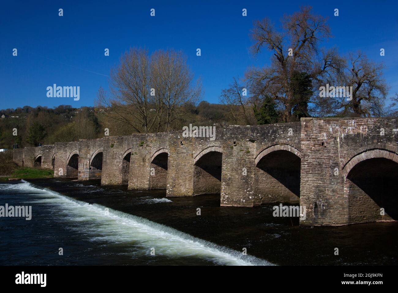 United Kingdom, Wales, Crickhowell. Stone bridge over the river Usk ...